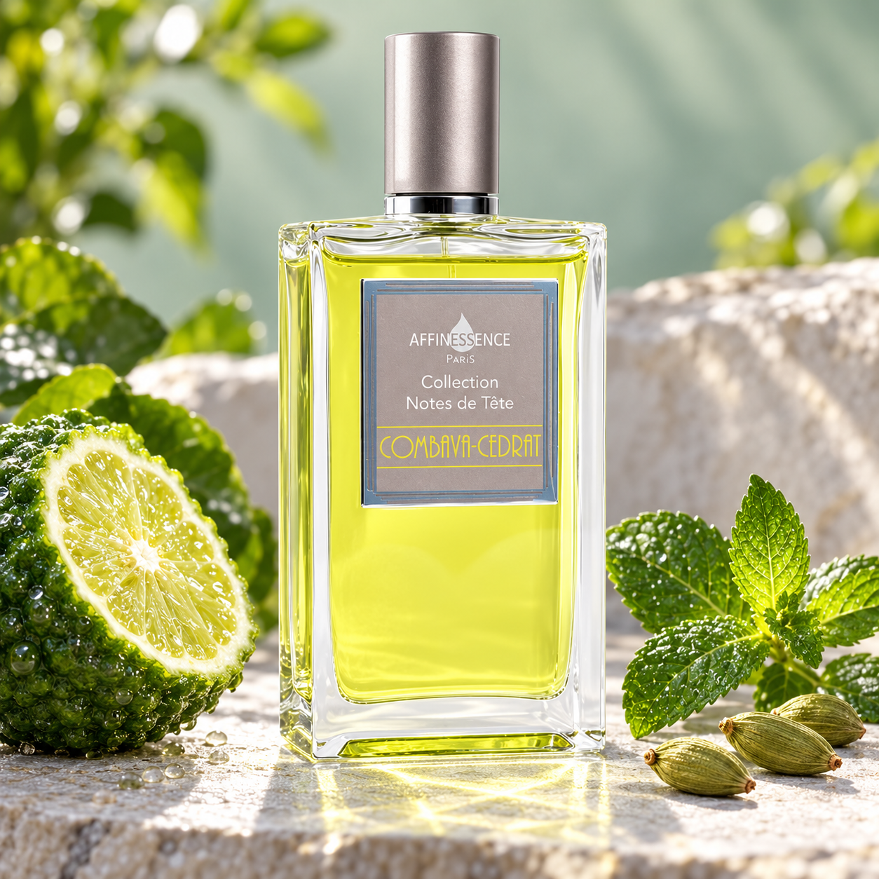 AFFINESSENCE Combava Cédrat bottle on pale stone beside a textured lime half, fresh mint, and cardamom pods in bright daylight.