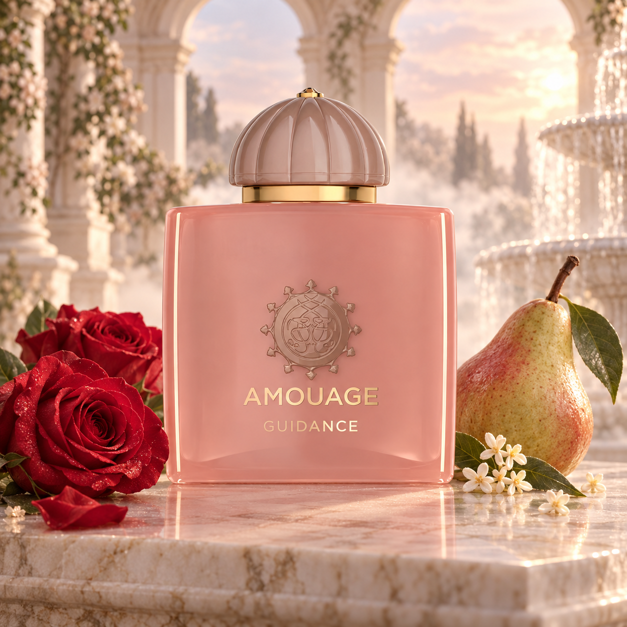 Amouage Guidance stands on a marble ledge beside scarlet roses, a pear, and small white blossoms, with an ivory arcade and misty fountain behind it.