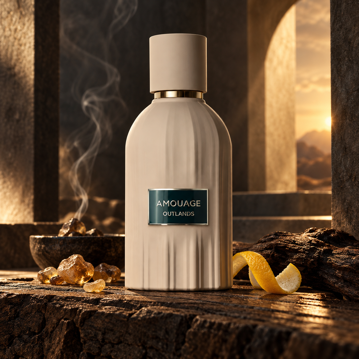 Amouage Outlands stands on dark oak beside frankincense resin and lemon peel, with incense smoke and warm amber light behind it.