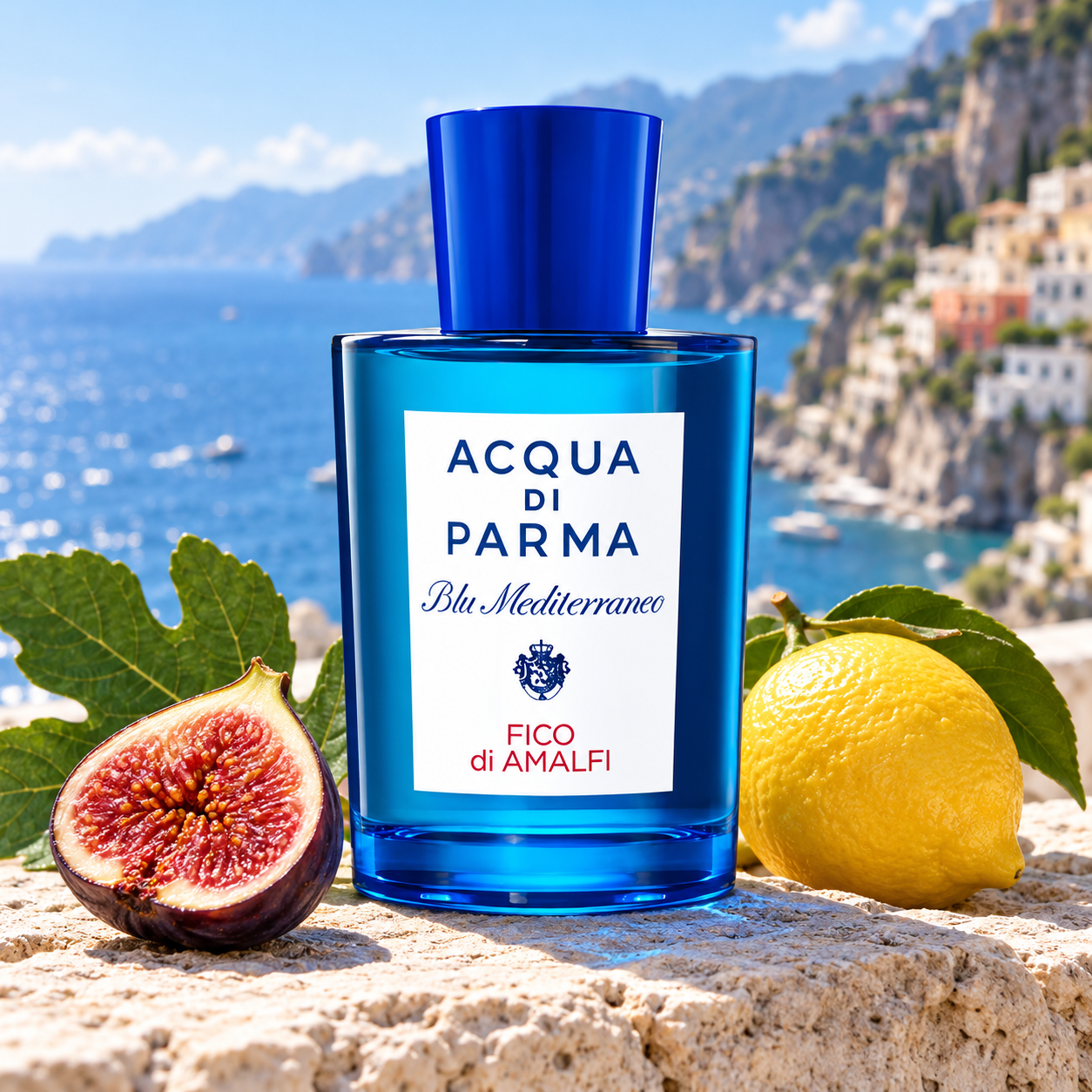 Acqua di Parma Fico di Amalfi on sunlit limestone with a fig half and whole lemon overlooking the Amalfi Coast.