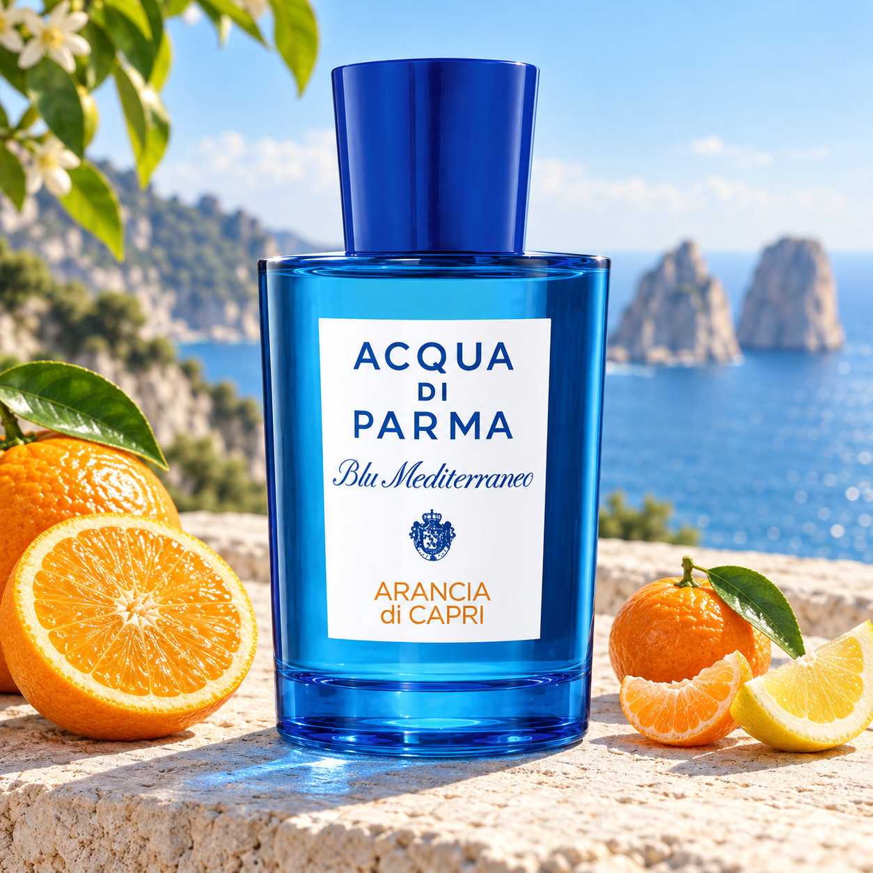 Acqua di Parma Arancia di Capri on sunlit limestone beside orange, mandarin, and lemon, overlooking turquoise water and Capri-inspired sea stacks.