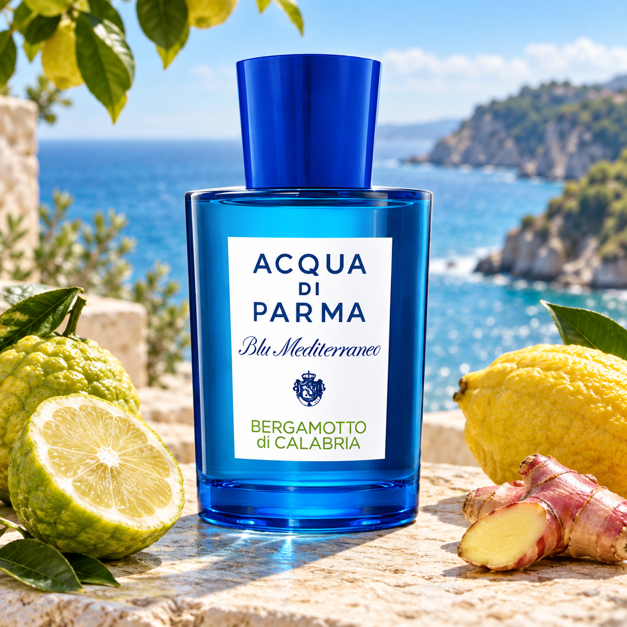 Acqua di Parma Bergamotto di Calabria beside bergamot, citron, and red ginger on sunlit stone overlooking a blue Mediterranean coastline.