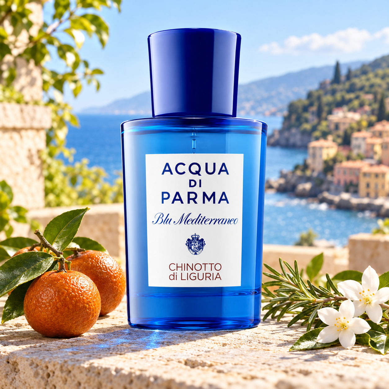 Acqua di Parma Chinotto di Liguria on sunlit stone beside citrus, rosemary, and white flowers, overlooking a pastel Ligurian village and blue sea.