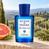Acqua di Parma Cipresso di Toscana’s blue bottle on sunlit limestone beside grapefruit, rosemary, and cypress, overlooking softly blurred Tuscan hills.