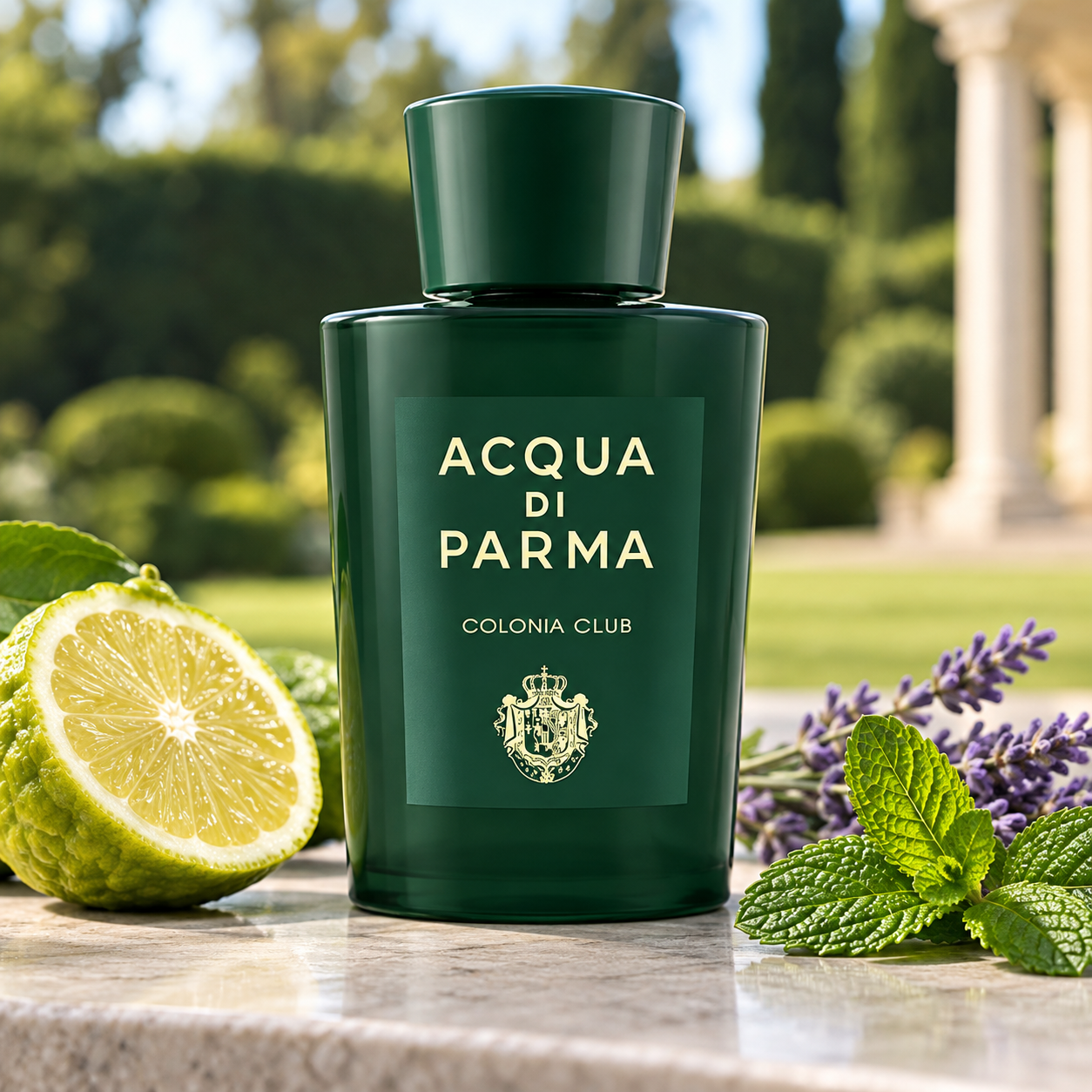 Acqua di Parma Colonia Club’s dark green bottle on sunlit stone beside a bergamot half, mint, and lavender, overlooking a manicured garden.