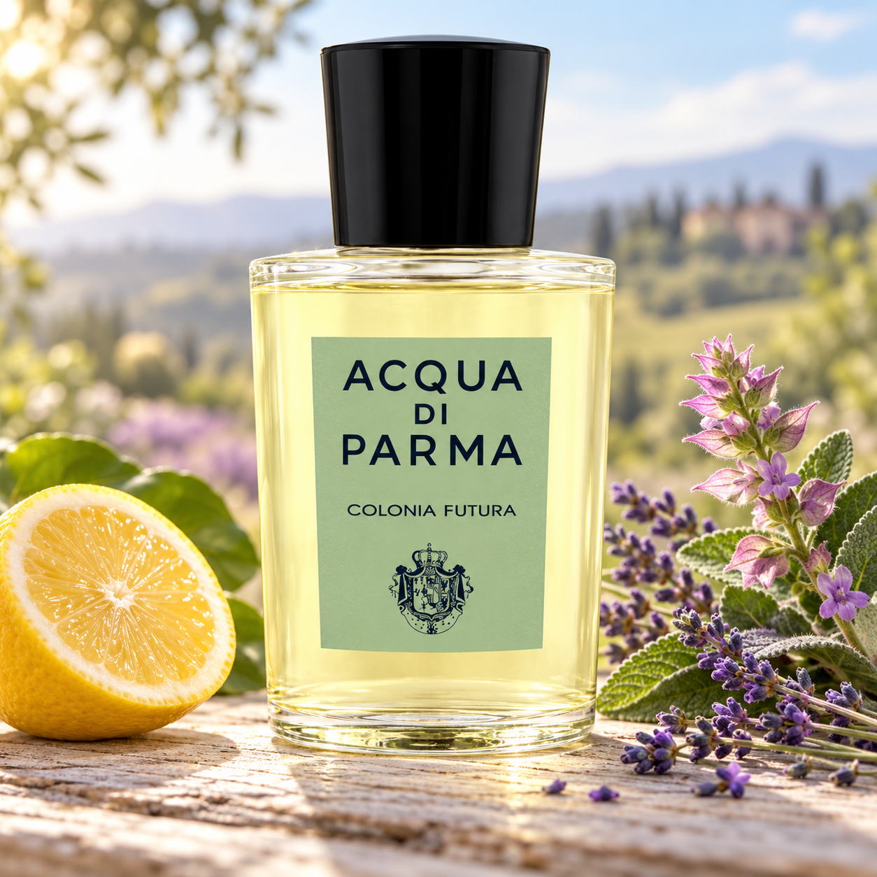 Acqua di Parma Colonia Futura bottle on sunlit wood beside a lemon half, lavender, and flowering clary sage, with rolling green hills behind.