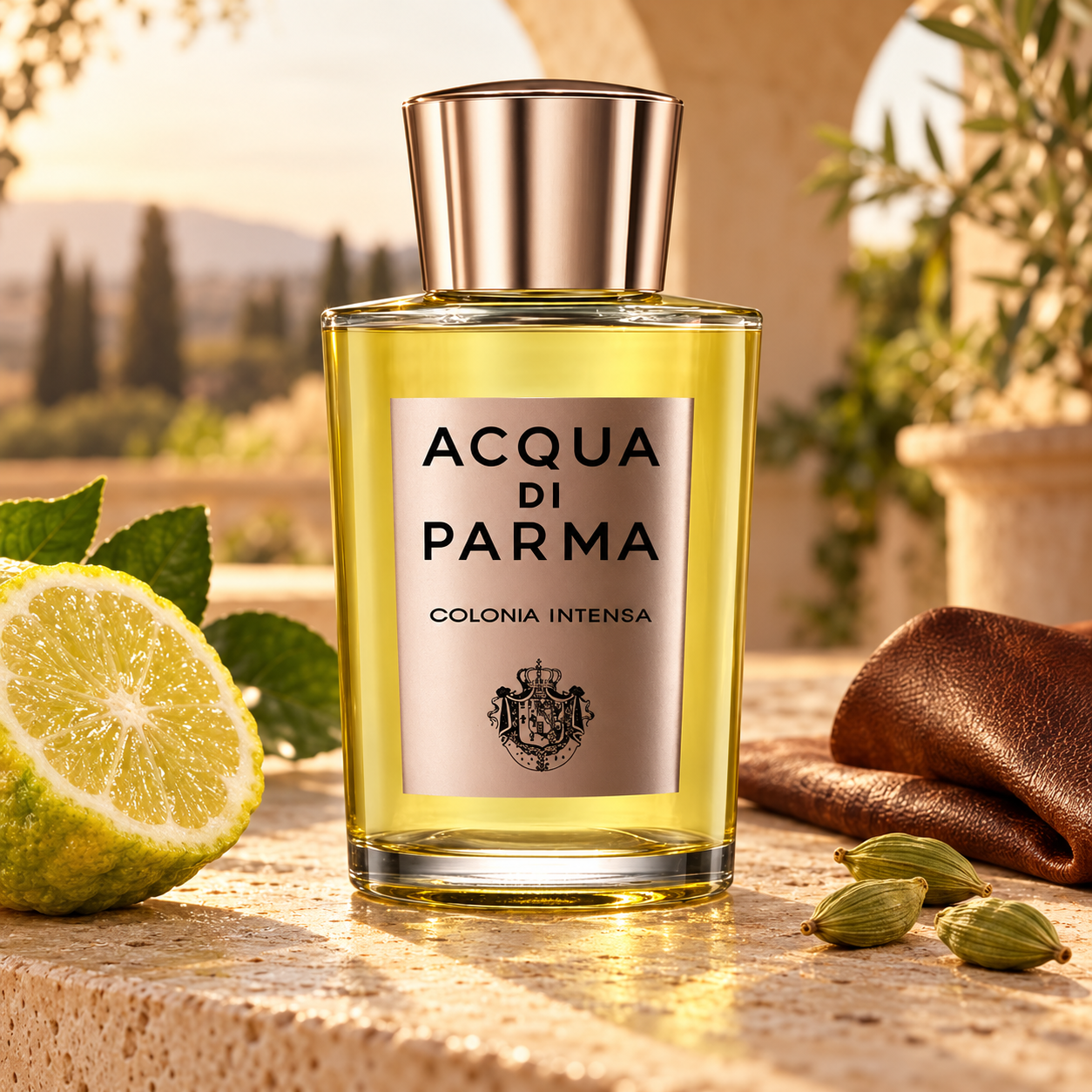 cqua di Parma Colonia Intensa bottle on sunlit travertine beside a bergamot half, cardamom pods, and brown leather, with an Italian terrace backdrop.