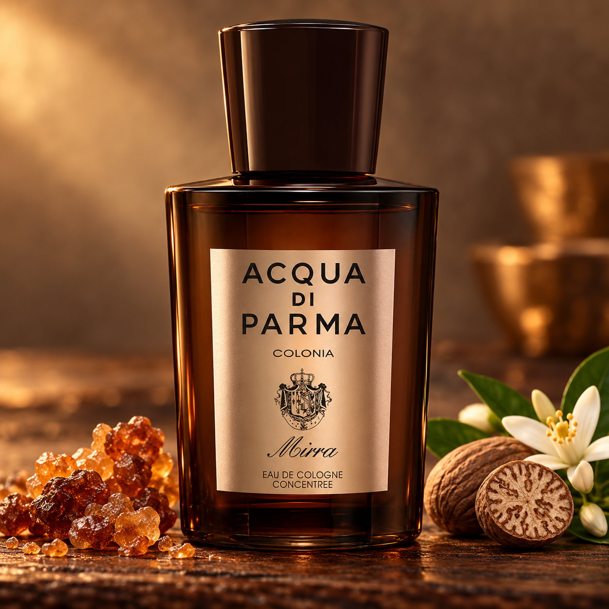 Acqua di Parma Colonia Mirra bottle on dark wood beside myrrh resin, nutmeg, and orange blossoms in warm amber light.