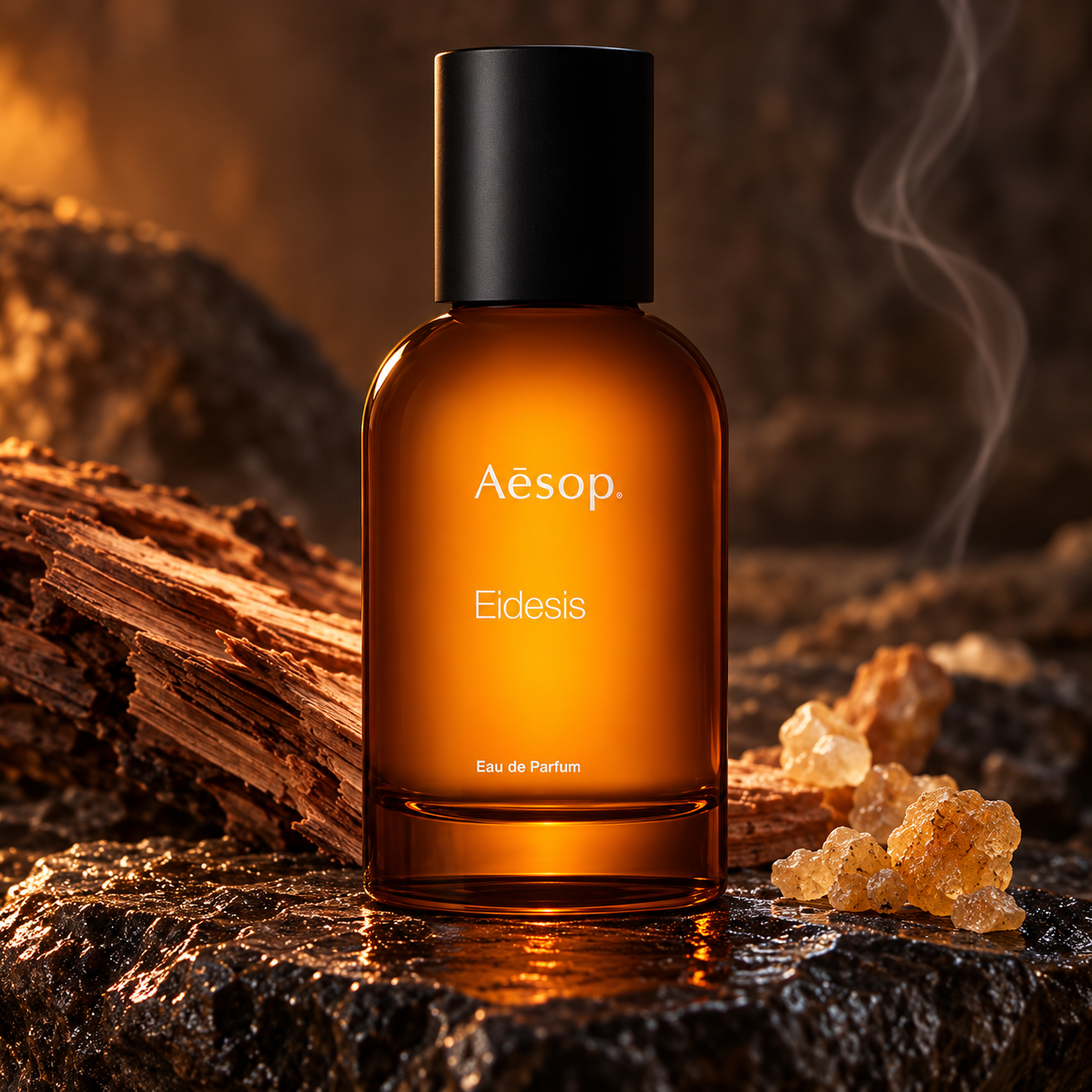 Aesop Eidesis amber bottle with cedar wood and frankincense resin on dark wet stone in warm light.