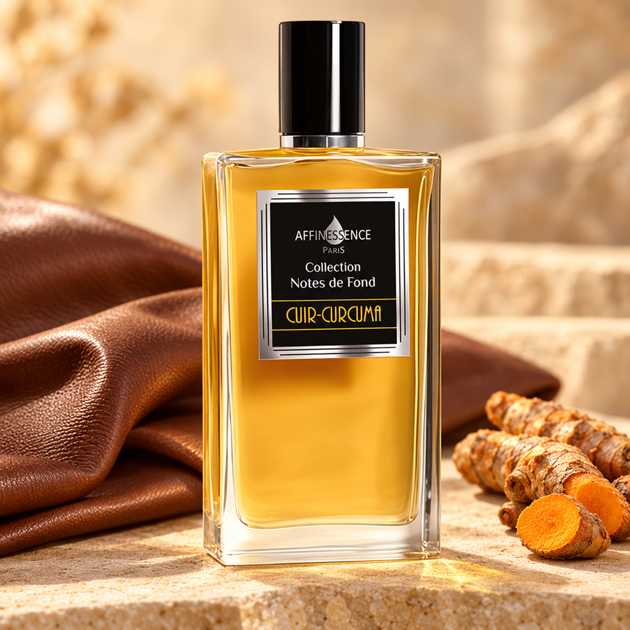 Affinessence Cuir Curcuma perfume on warm stone beside brown leather and turmeric roots in golden light.