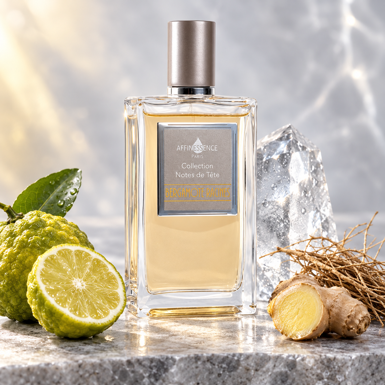 Affinessence Bergamote Racines beside bergamot, fresh ginger, vetiver roots, and a clear ice prism on pale stone in cool light.