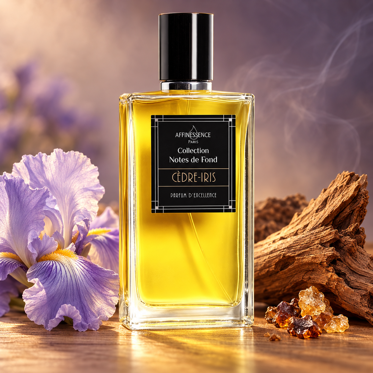 Affinessence Cèdre-Iris beside lavender iris, cedar wood, and resin tears in warm light with a faint incense haze.