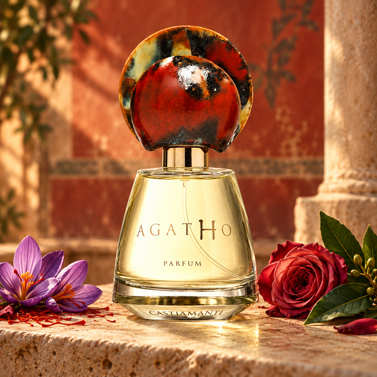 Agatho Castiamanti beside purple saffron crocus, a red rose, and laurel against a sunlit Pompeii-inspired fresco wall.
