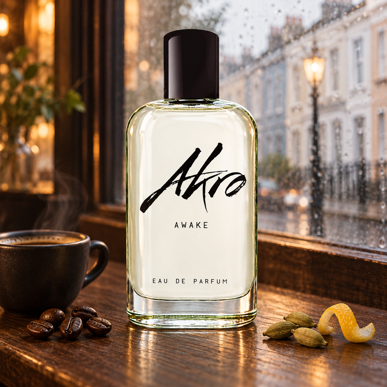 Akro Awake beside steaming coffee, roasted beans, cardamom, and lemon peel on a wooden café counter overlooking a rainy London street.