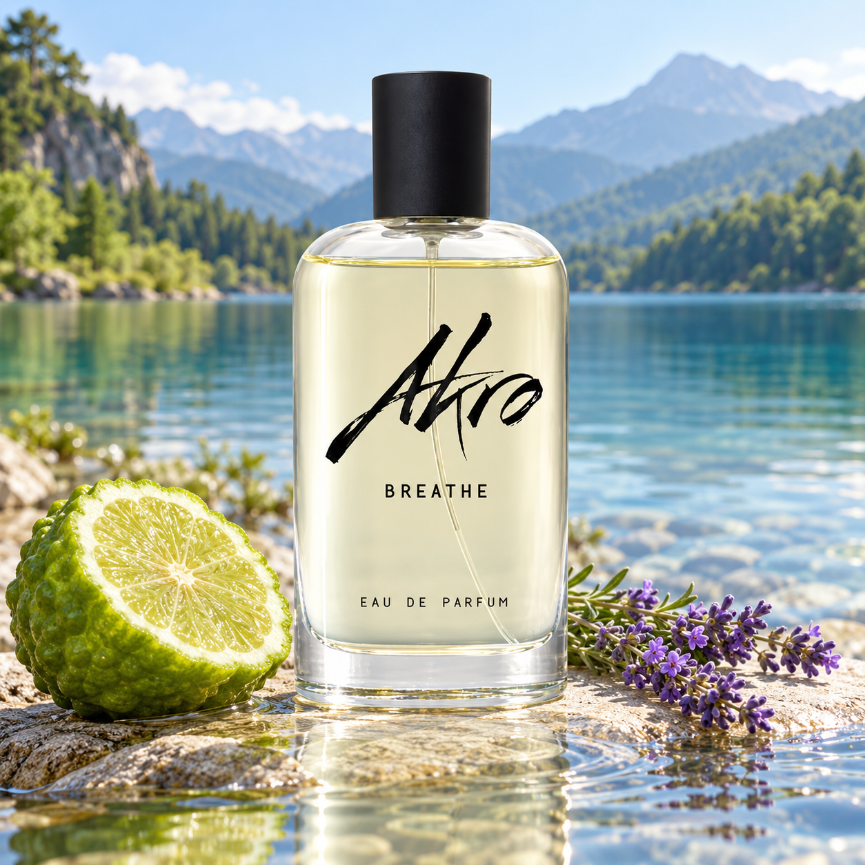 Akro Breathe beside bergamot and lavender on a wet lakeside stone, with clear blue water and forested mountains behind.