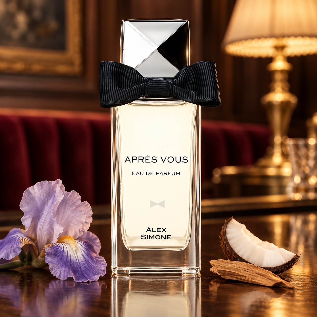 Alex Simone Après Vous on a polished hotel bar beside a lilac iris, coconut wedge, and sandalwood, with warm lamplight and burgundy velvet behind it.