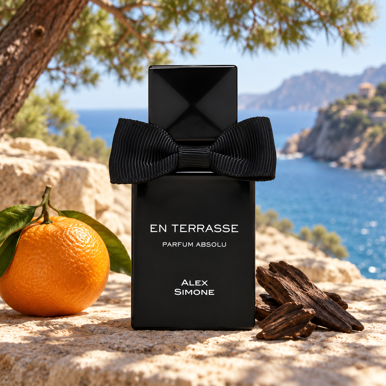 Alex Simone En Terrasse Parfum Absolu with a whole mandarin and dark wood on a pine-shaded coastal terrace.