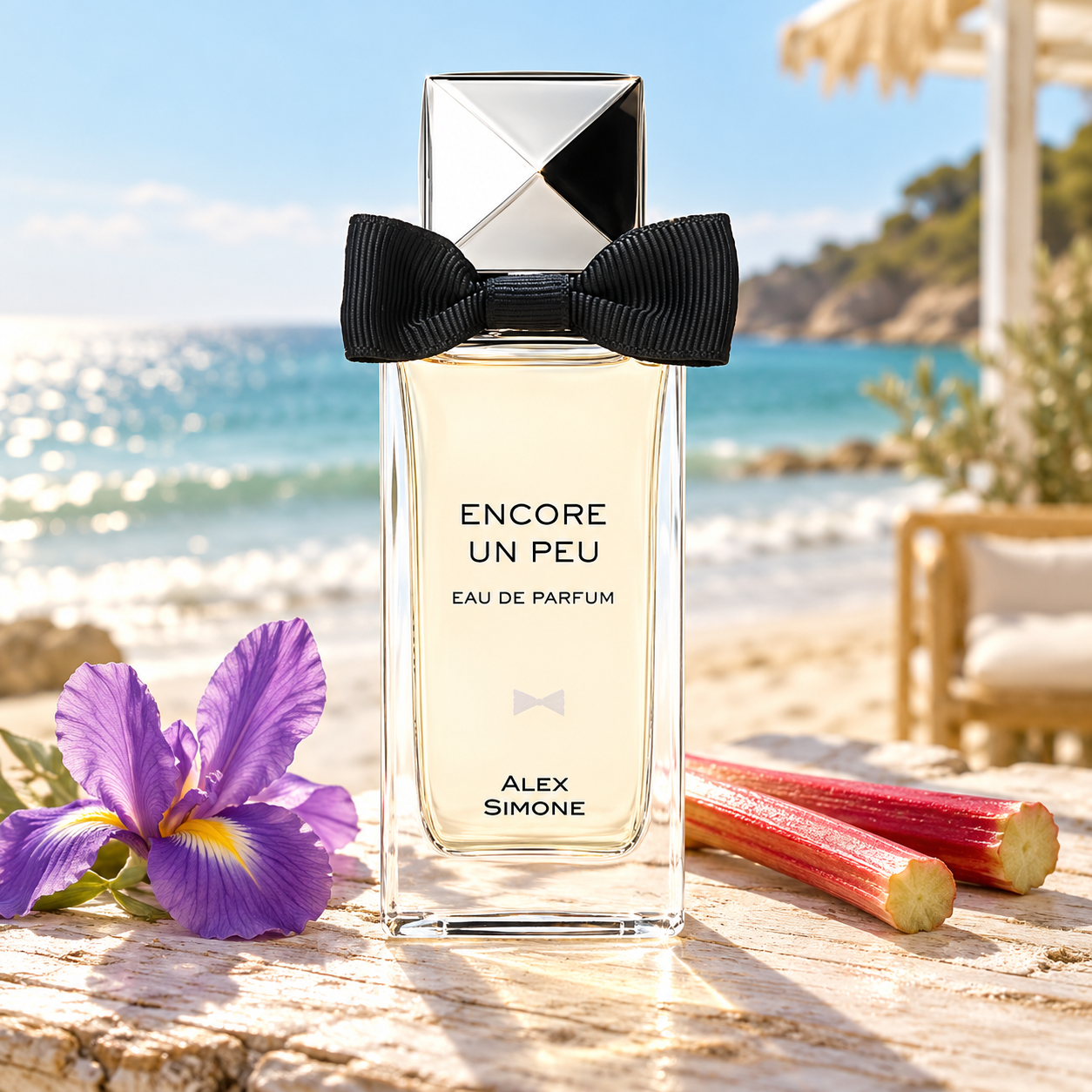 Alex Simone Encore Un Peu bottle with purple iris and rhubarb on a sunlit wooden terrace overlooking the sea.