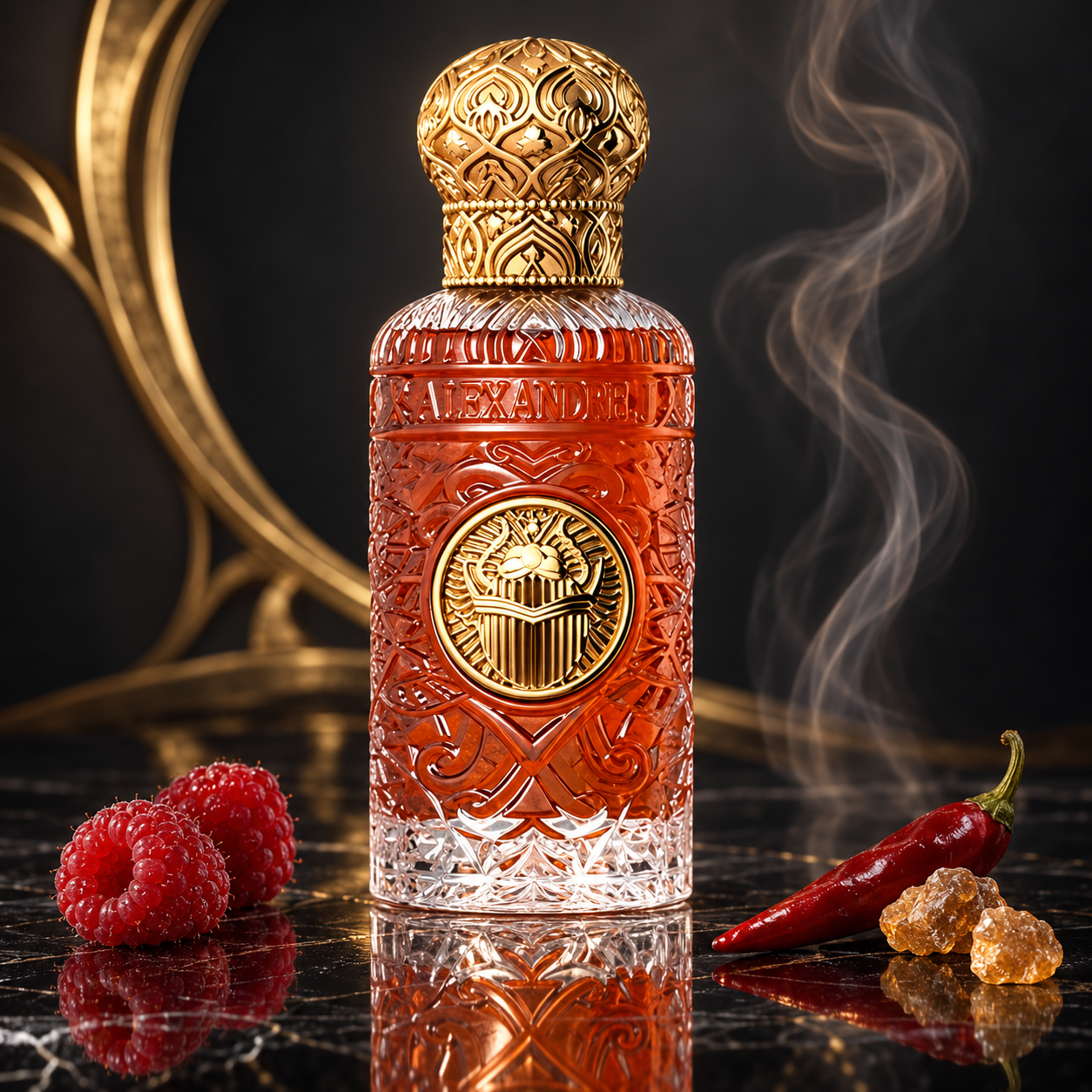 Alexandre.J Black Beetle’s ornate amber-and-gold bottle beside raspberries, red chili, and incense resin on black stone with curling smoke.