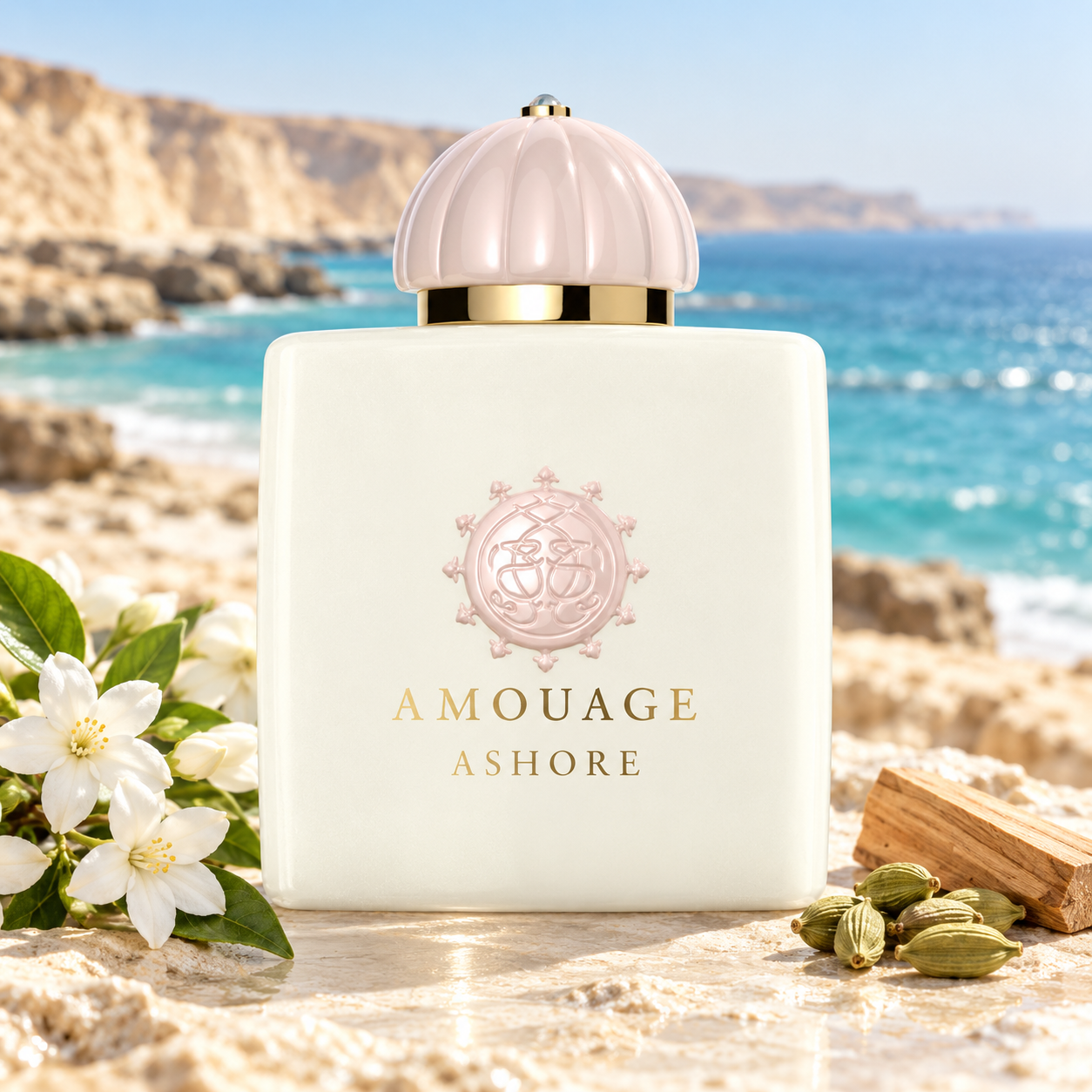 Amouage Ashore on sunlit limestone beside white jasmine, cardamom pods, and sandalwood, overlooking turquoise water and pale coastal cliffs.