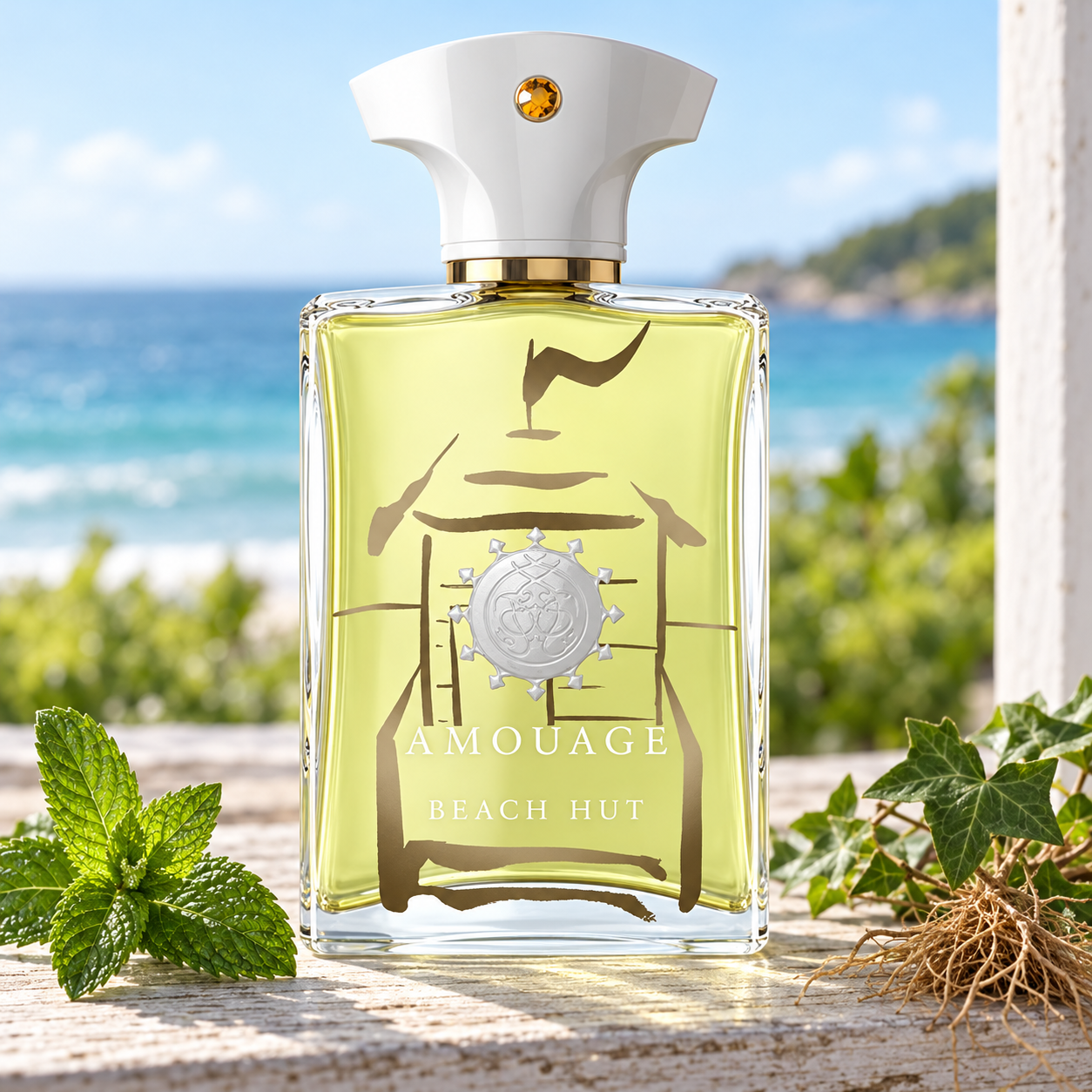 Amouage Beach Hut Man on weathered white timber beside mint, ivy, and vetiver roots, overlooking a bright turquoise coast.
