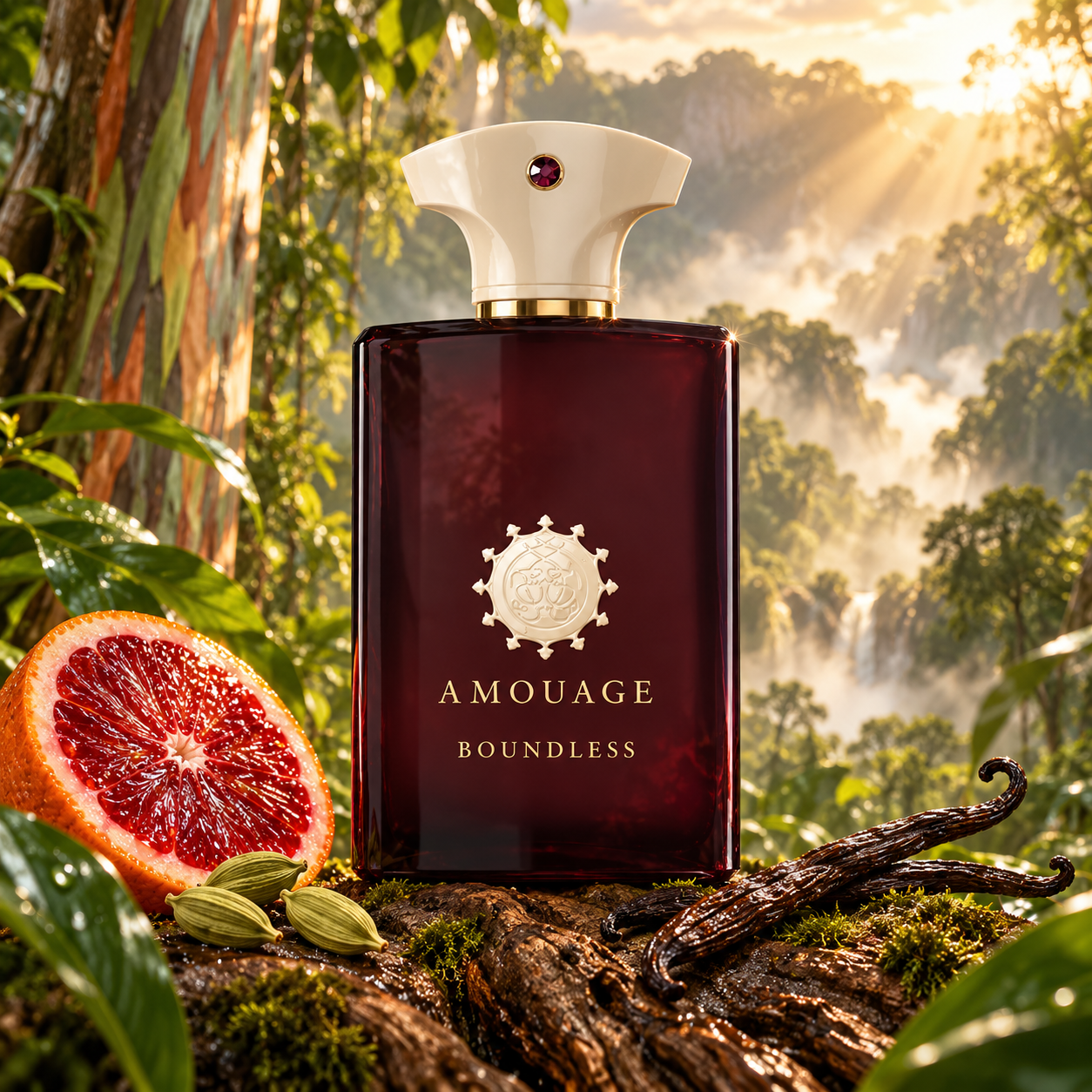 Amouage Boundless on a mossy jungle root beside blood orange, cardamom, and vanilla pods, with rainbow eucalyptus bark and golden sunbeams.