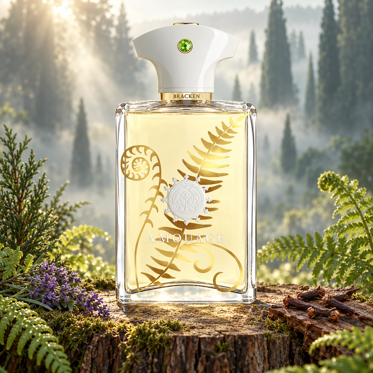 Amouage Bracken Man on a mossy stump among ferns, lavender, cypress, and cloves, with sunlight filtering through misty woodland.