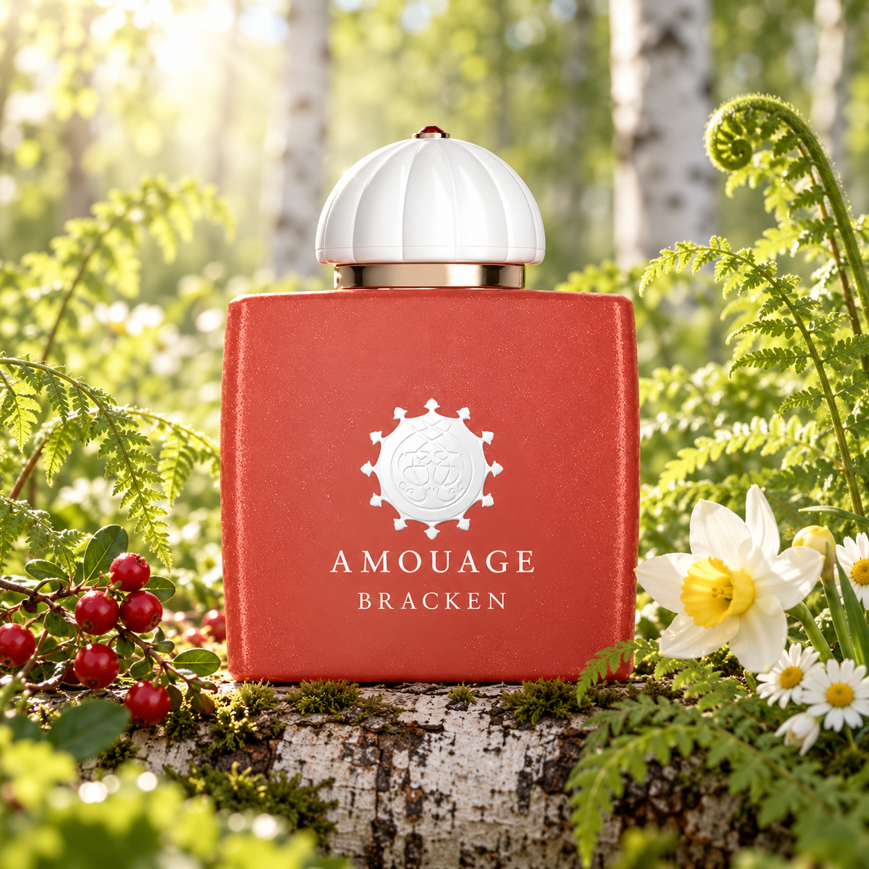 Amouage Bracken Woman on a mossy birch log among ferns, red berries, narcissus, and chamomile in sunlit woodland.