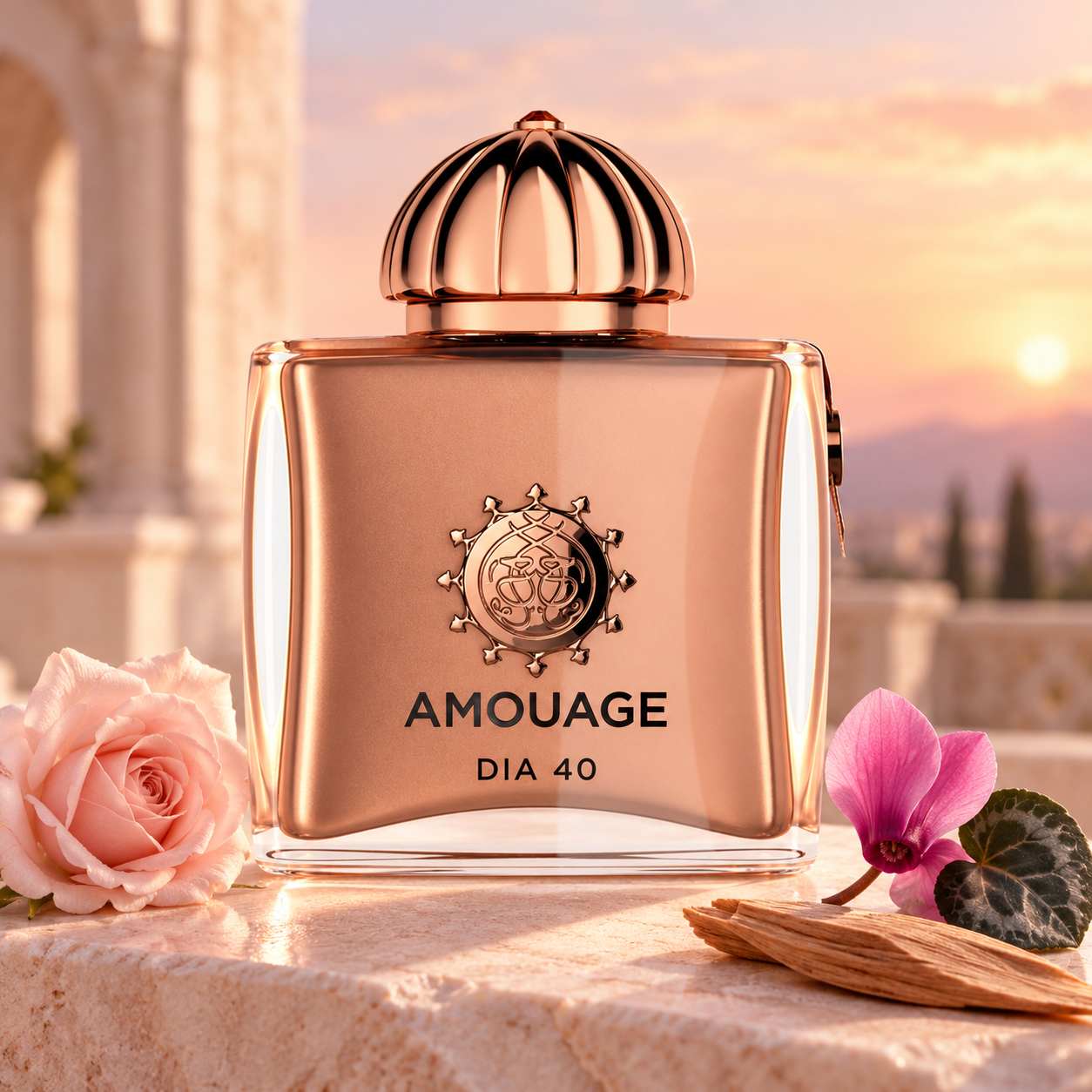 Amouage Dia 40 rose-gold bottle with a pale rose, pink cyclamen and sandalwood on blush stone in soft sunrise light.