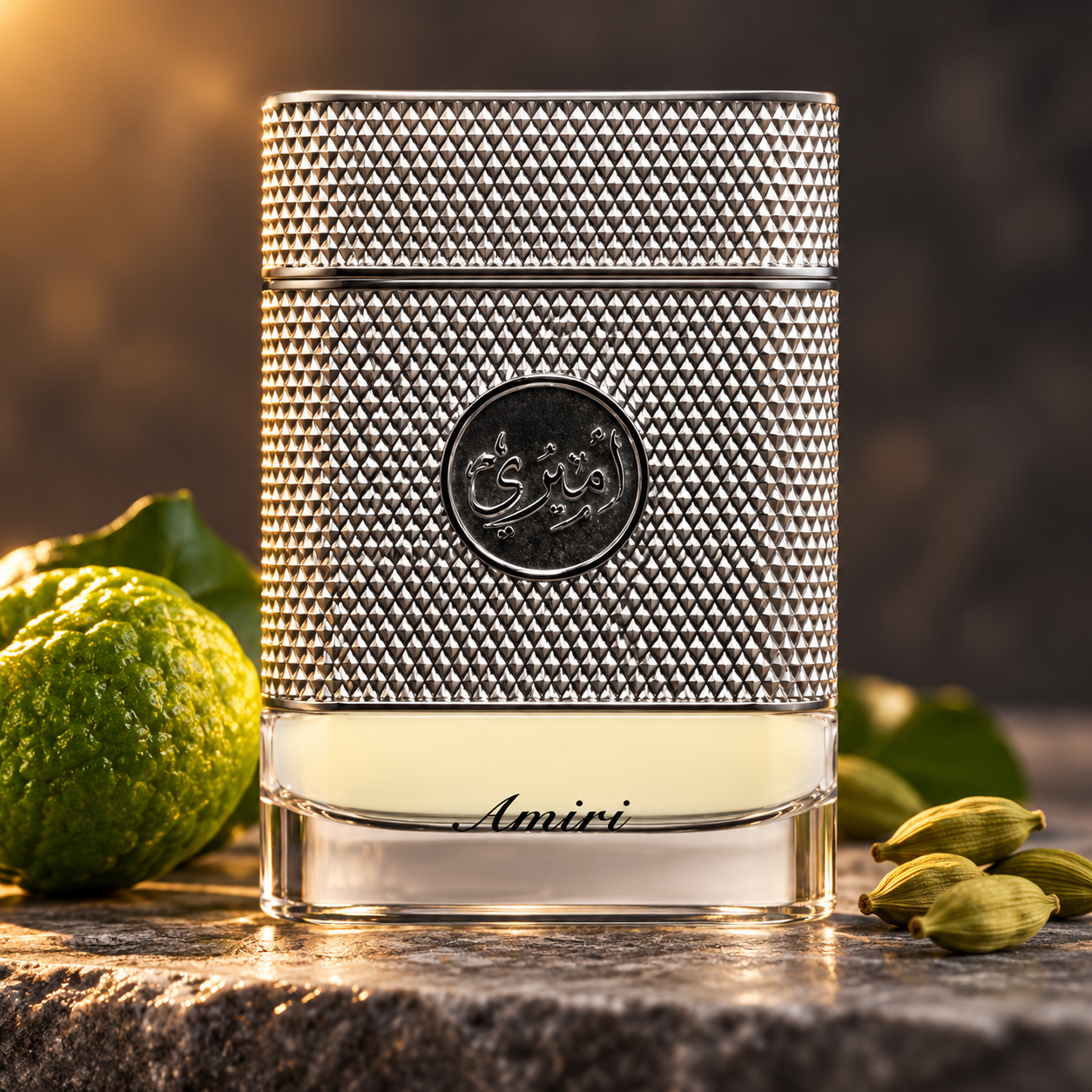 Arabian Oud Amiri silver perfume bottle beside a whole bergamot and cardamom pods on stone in warm light.