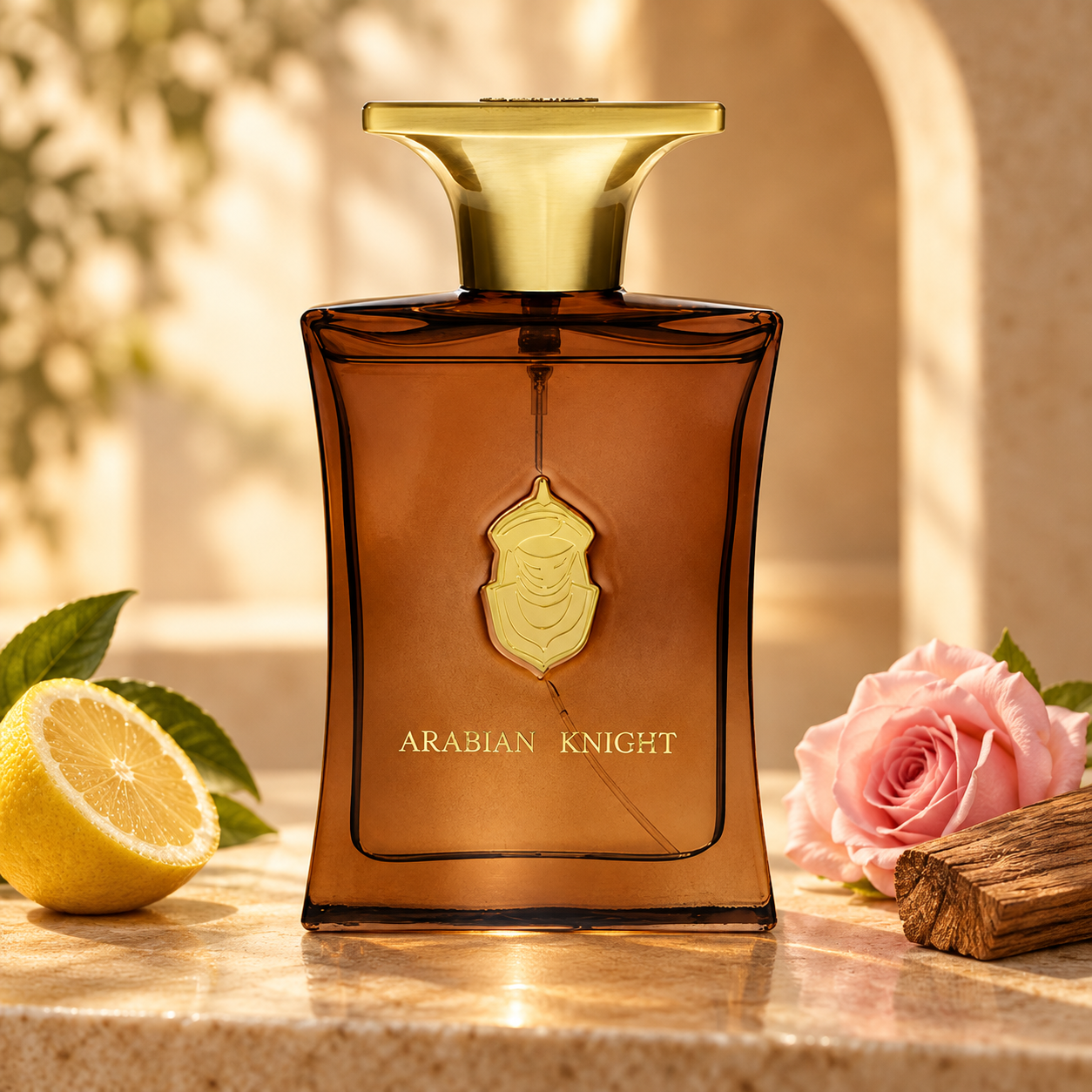 Arabian Oud Arabian Knight on warm ivory stone beside citron, a pink rose, and cedarwood, with soft golden light and an arched niche behind it.