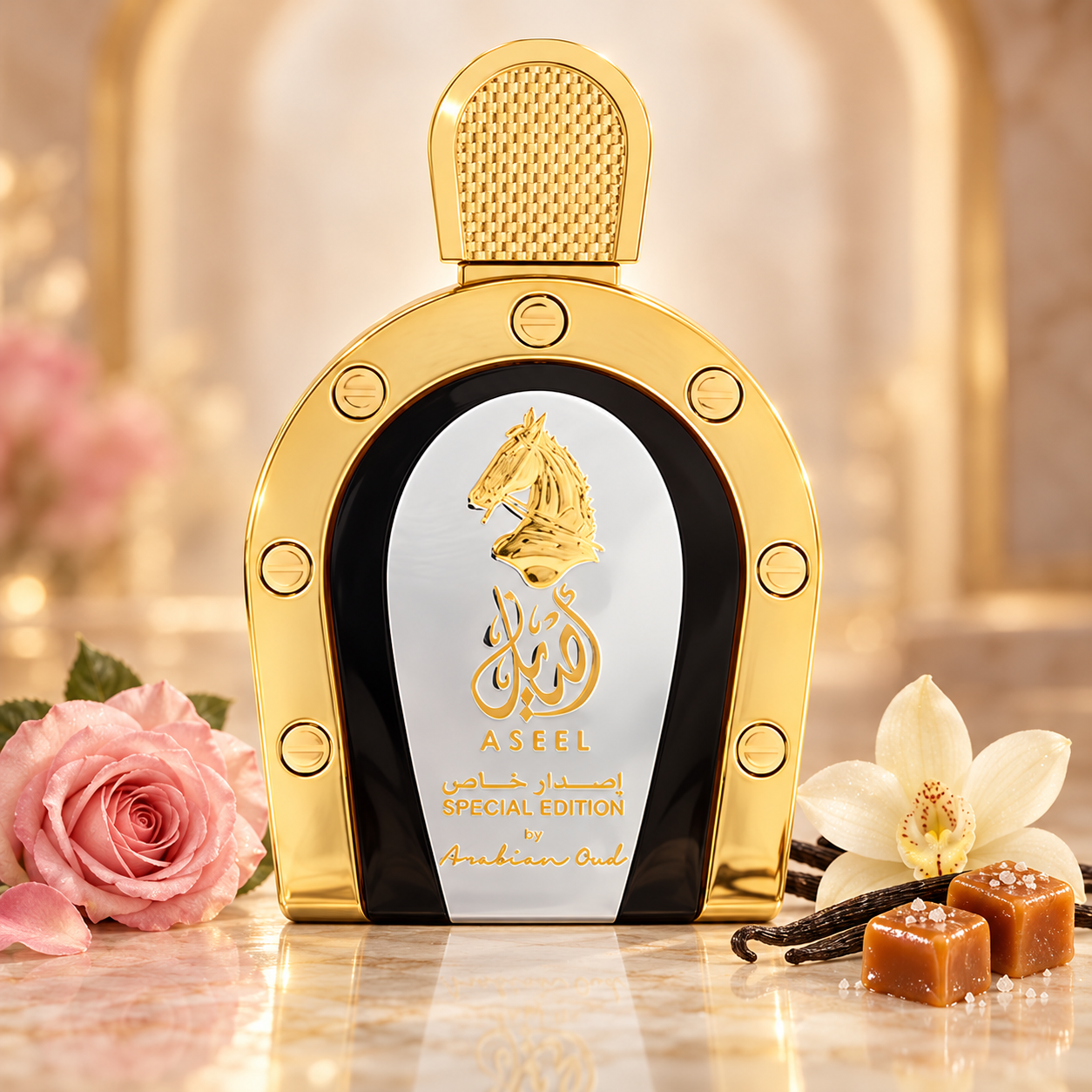 Arabian Oud Aseel Special Edition on polished ivory stone beside a pink rose, vanilla orchid and pods, and salted caramel, in soft golden light.