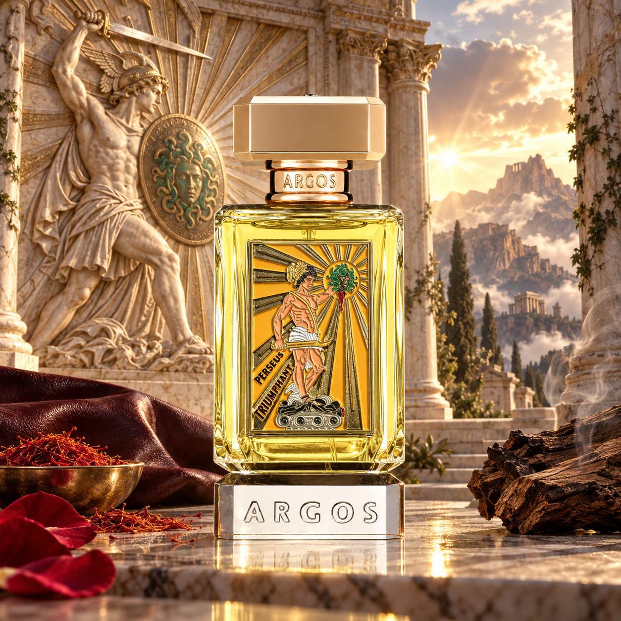Argos Perseus Triumphant perfume stands in a golden Greco-Roman temple before a heroic Perseus relief, surrounded by saffron, rose petals, leather, cedar, and smoky oud.