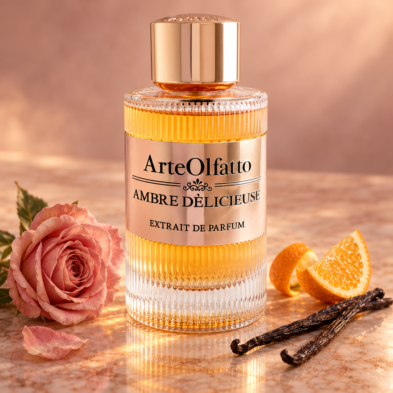 ArteOlfatto Ambre Déliceuse on blush marble with a pink rose, orange wedge and peel, and vanilla pods in warm golden light.