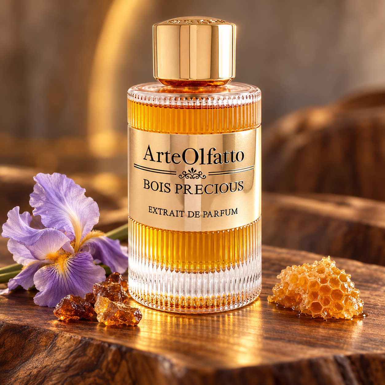 ArteOlfatto Bois Precious on sculpted walnut with a lavender iris, myrrh resin, and honeycomb in warm golden light.
