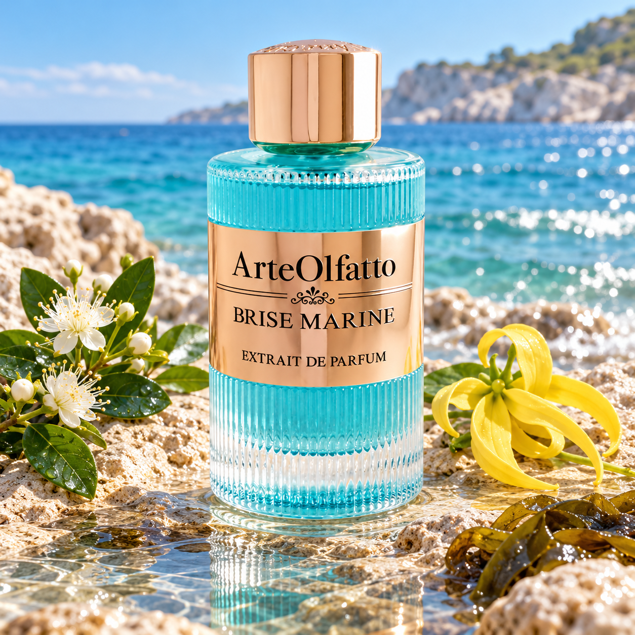 ArteOlfatto Brise Marine on sunlit coastal limestone beside myrtle blossoms, yellow ylang-ylang, and seaweed, with turquoise waves behind.