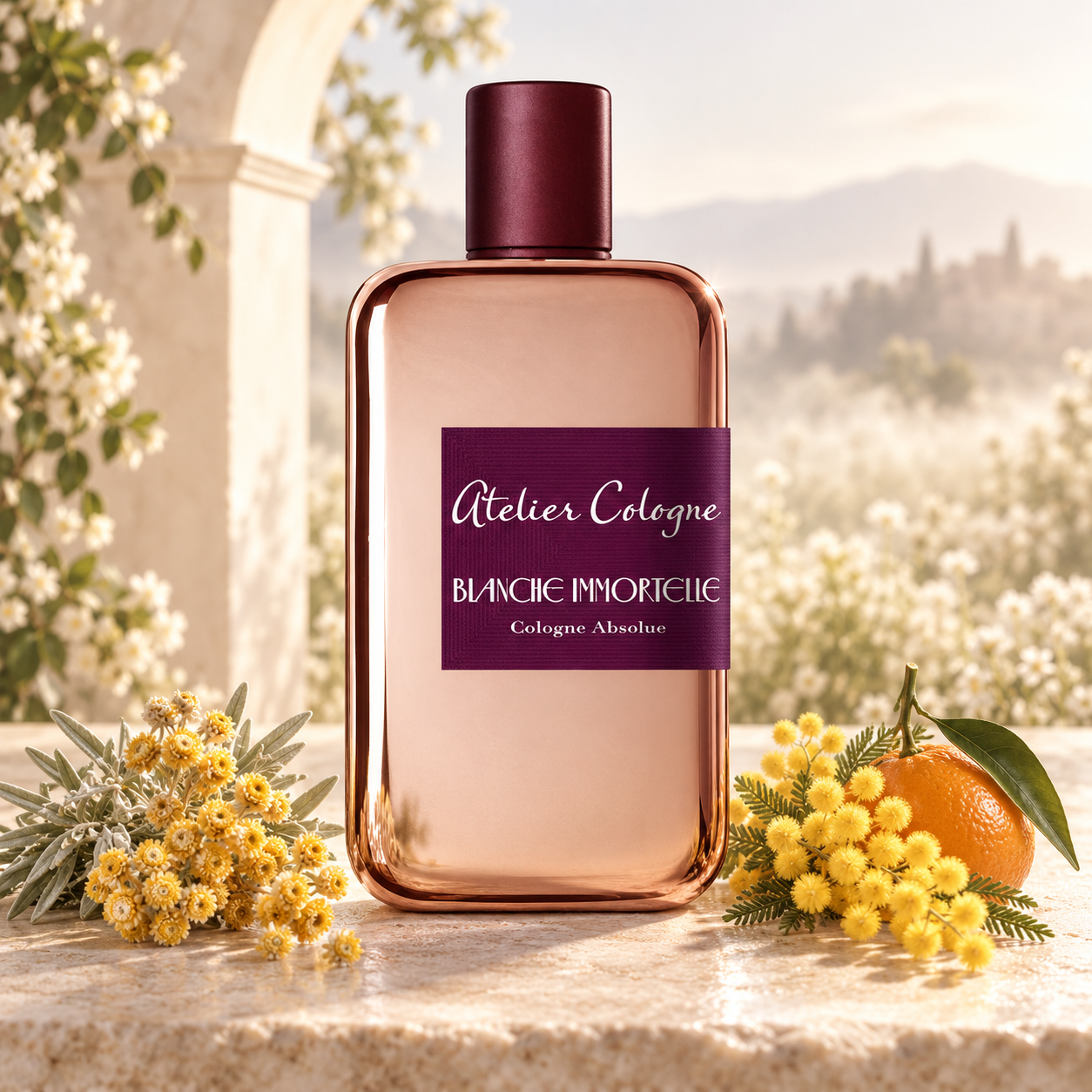 Atelier Cologne Blanche Immortelle on pale stone with golden immortelle, mimosa, and a mandarin, framed by a sunlit arch and soft white flowers.