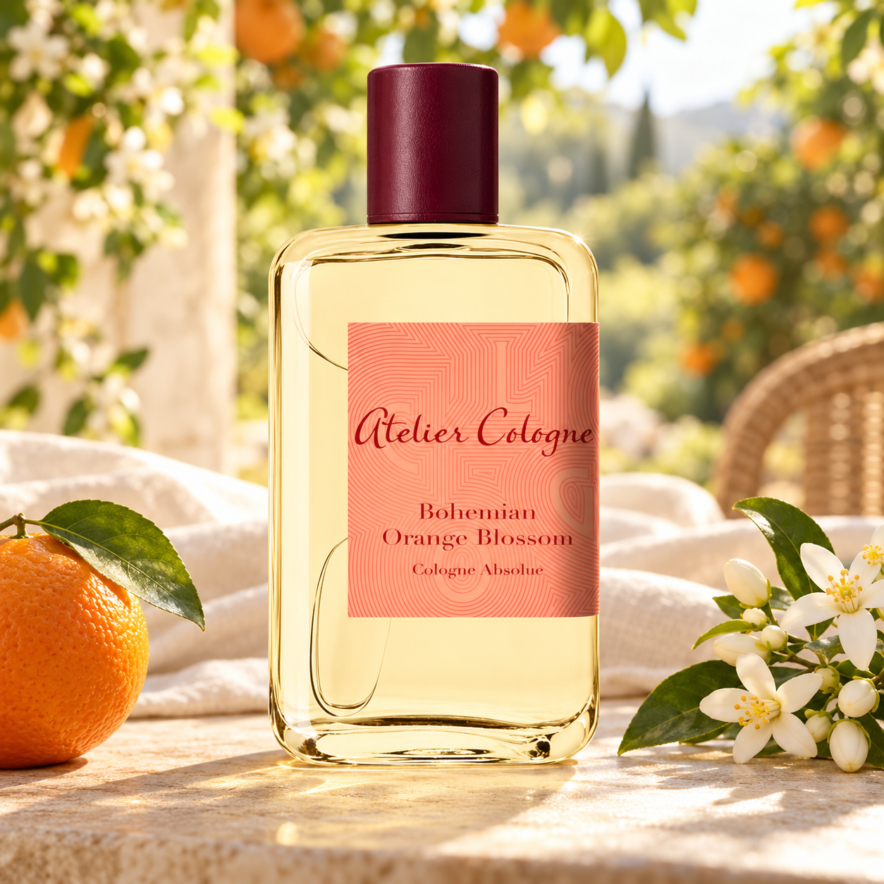 Atelier Cologne Bohemian Orange Blossom on sunlit stone beside an orange and white orange blossoms, with ivory linen and a rattan chair in a leafy garden.