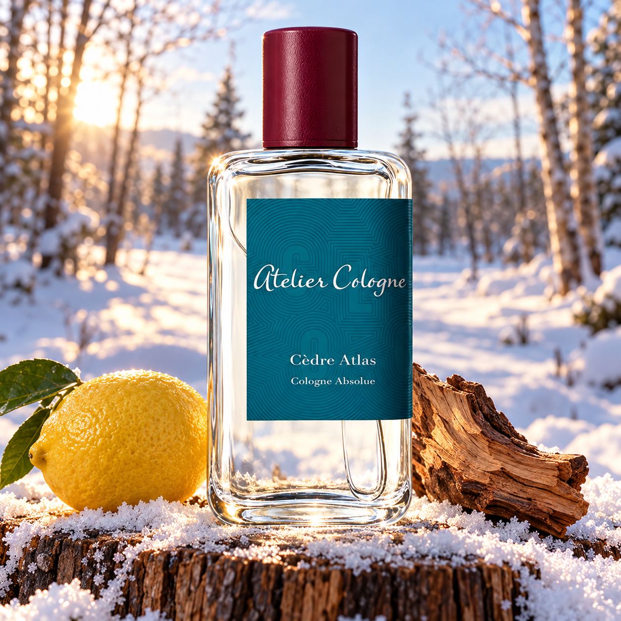 Atelier Cologne Cèdre Atlas beside lemon and cedar wood on a snowy stump, with sunlight filtering through a winter forest.