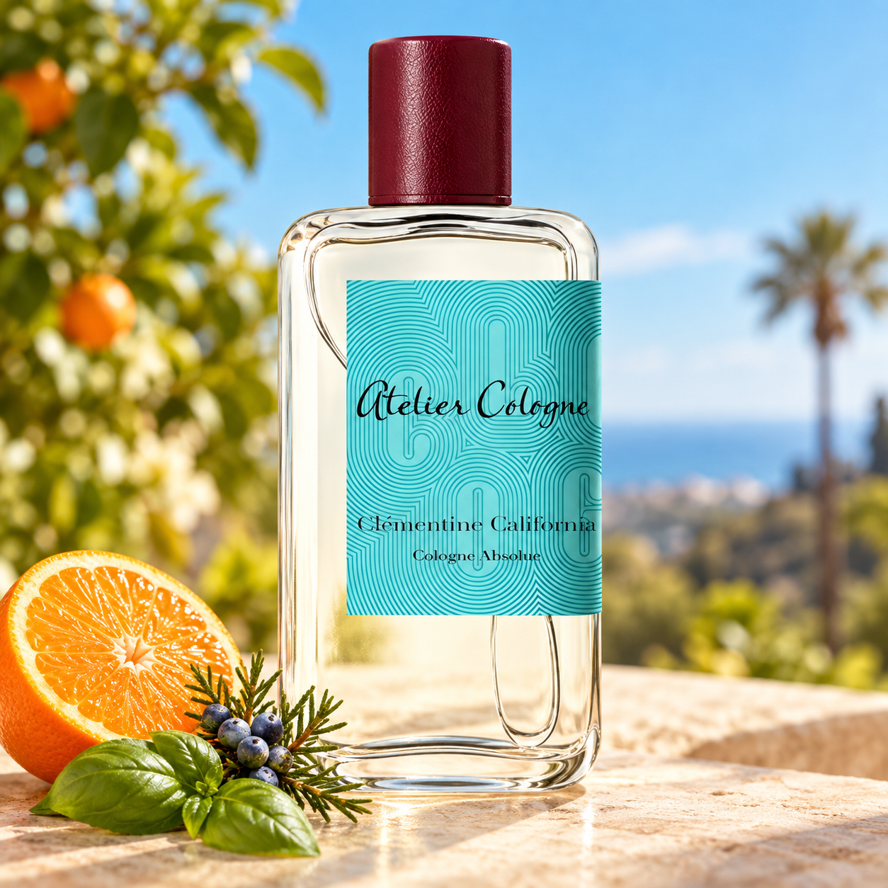 Atelier Cologne Clémentine California bottle beside a clementine half, juniper berries, and basil on sunlit stone, with citrus trees and a distant palm.