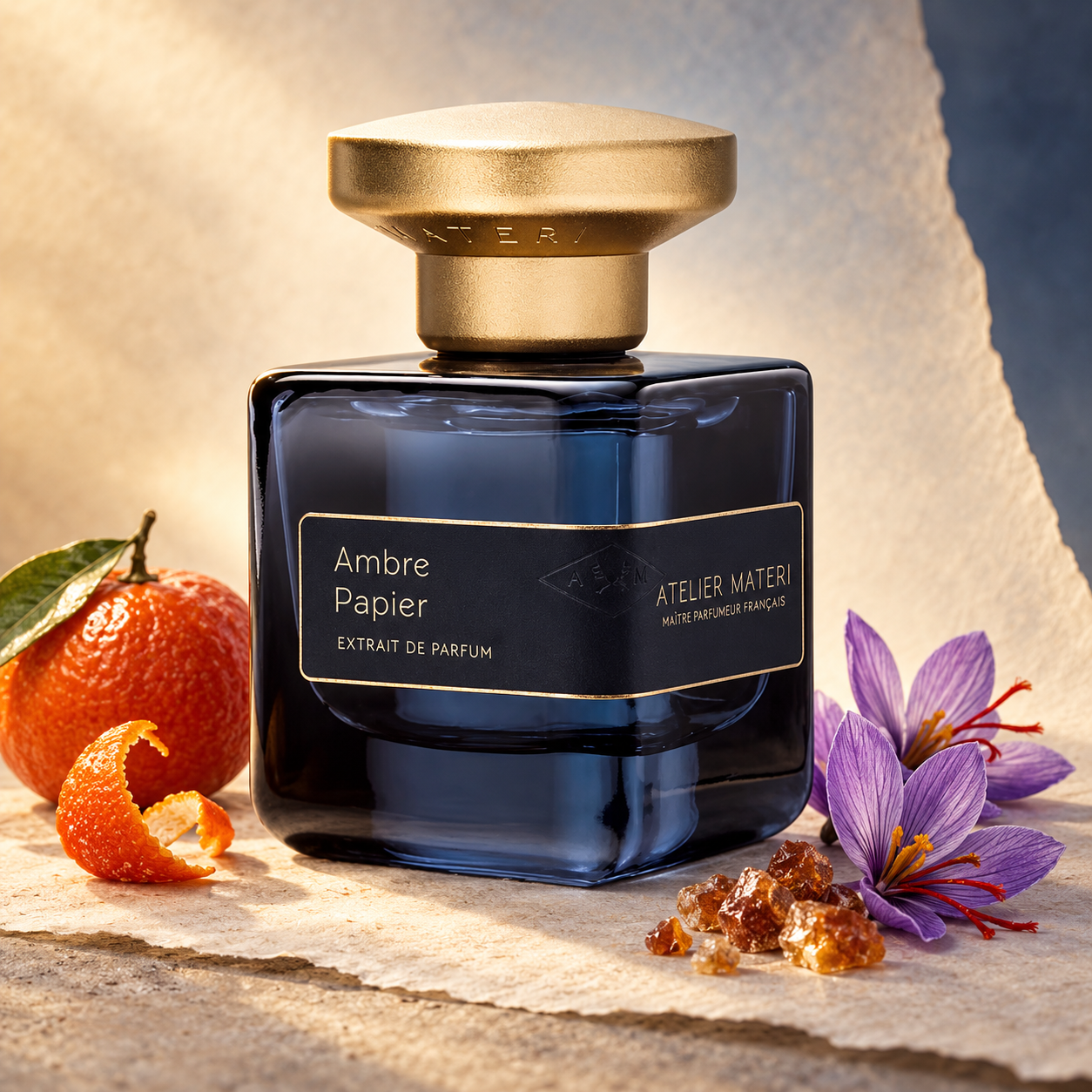 Atelier Materi Ambre Papier on textured ivory paper with mandarin peel, purple saffron crocuses, and golden benzoin resin in warm light.