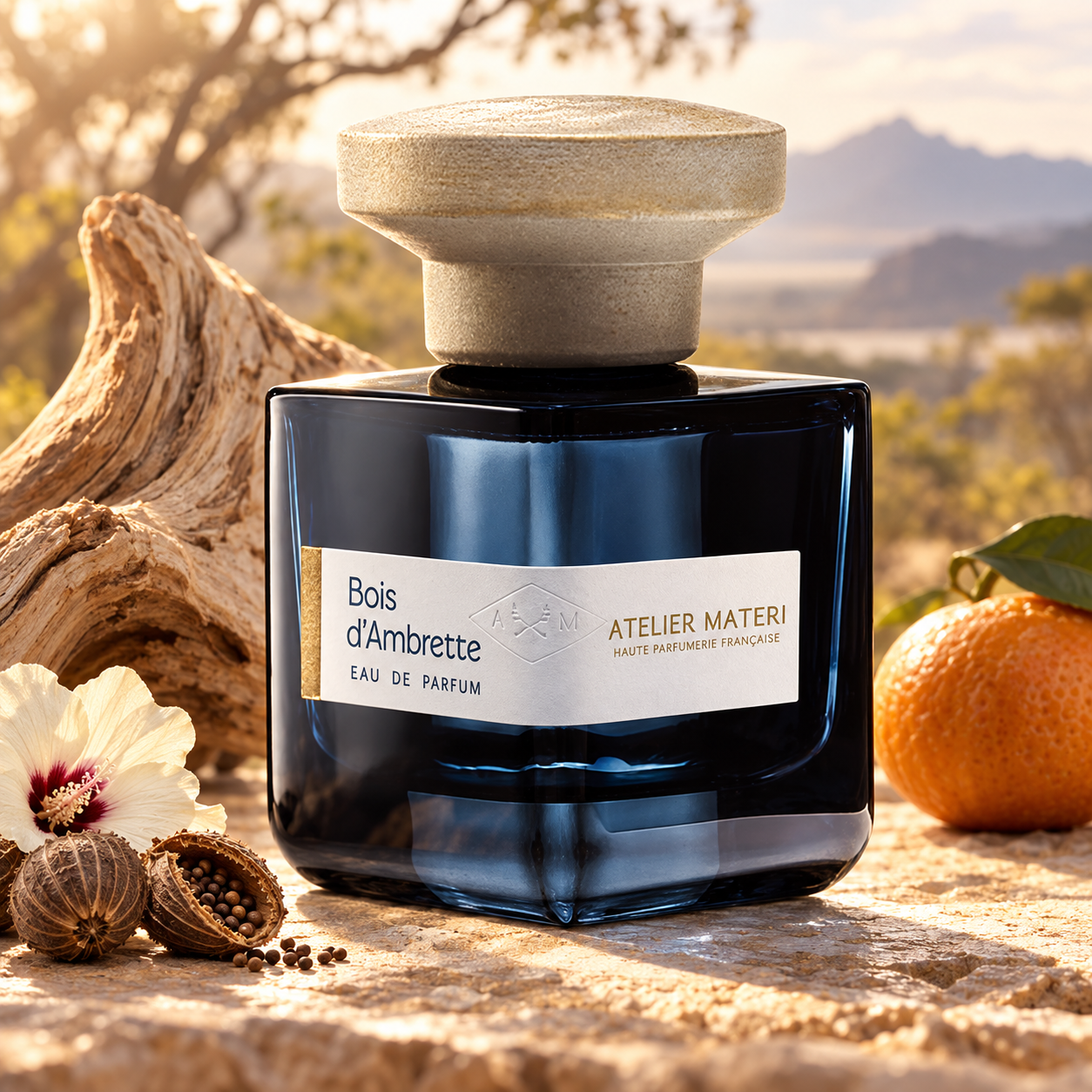 Atelier Materi Bois d’Ambrette beside ambrette pods, a cream flower, pale wood, and mandarin in warm woodland light.