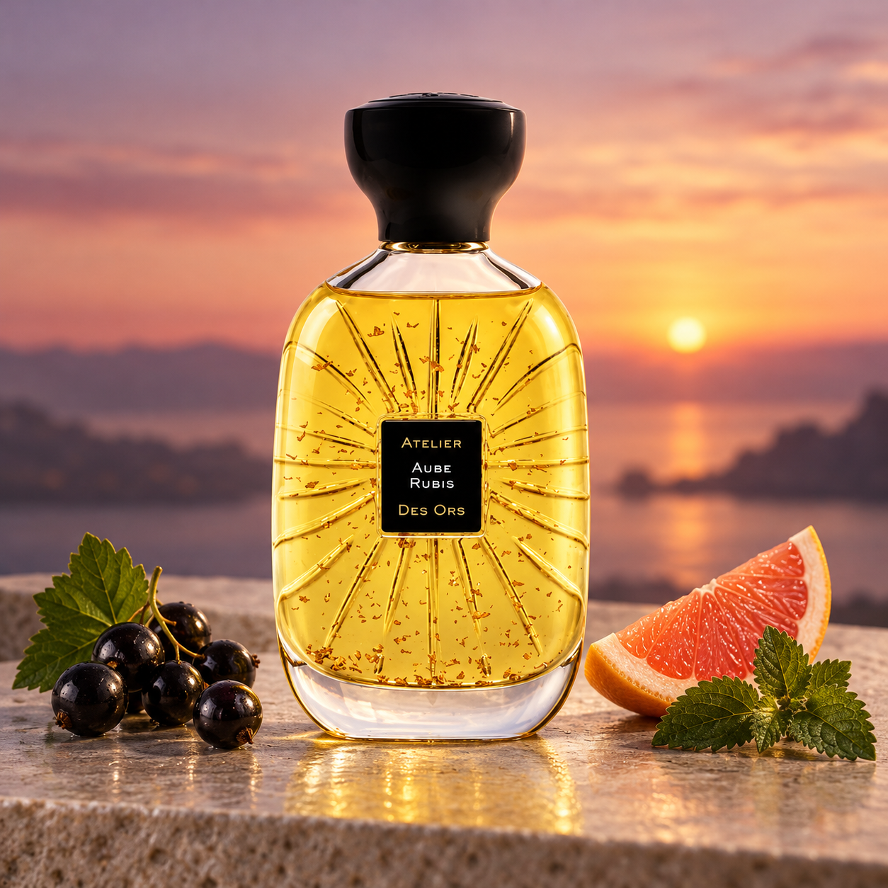 Atelier des Ors Aube Rubis on a stone ledge beside blackcurrants, grapefruit, and patchouli leaves against a golden sunrise.