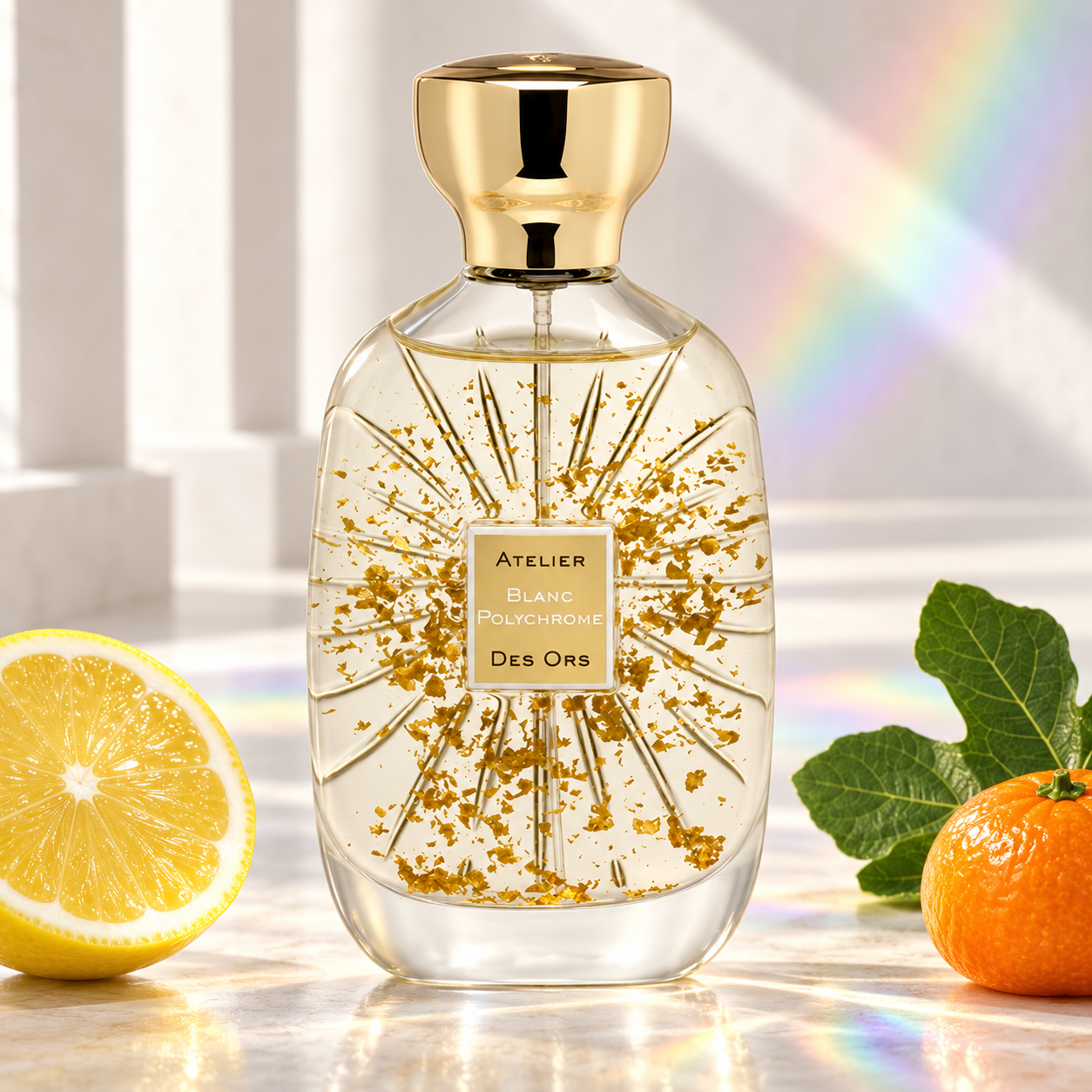Atelier des Ors Blanc Polychrome on pale stone beside lemon, mandarin, and a fig leaf, with soft rainbow light across a white architectural background.