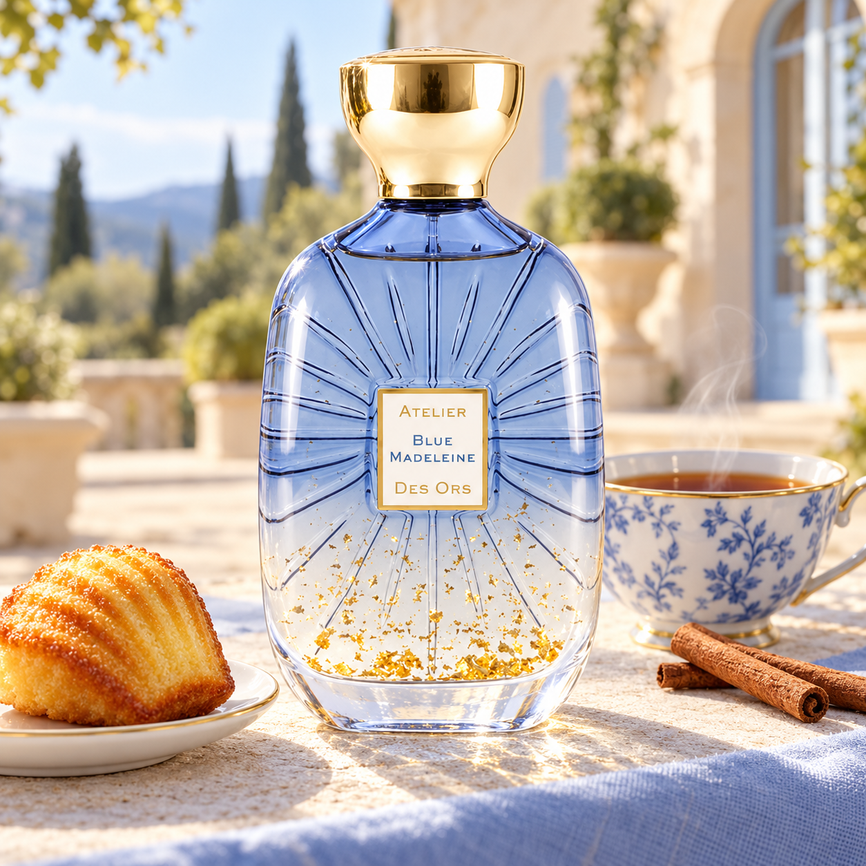 Atelier des Ors Blue Madeleine on a sunlit villa terrace with a madeleine, steaming black tea, cinnamon sticks, and pale blue linen.