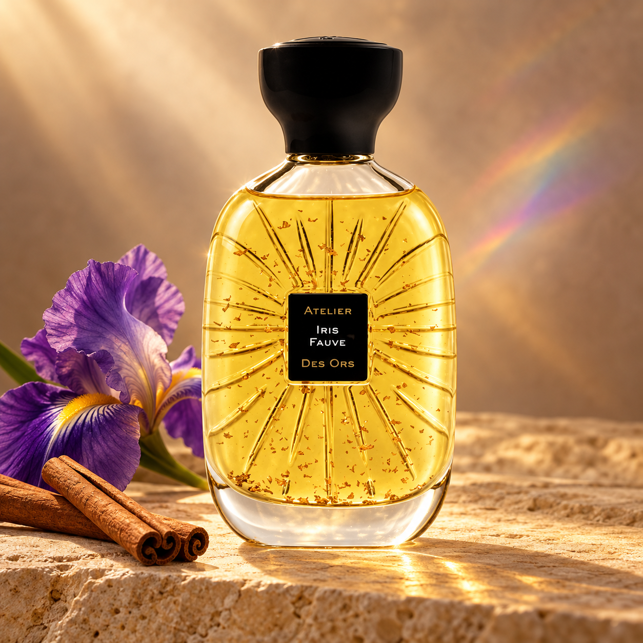Atelier des Ors Iris Fauve on golden stone beside purple iris and cinnamon, lit by warm light with a soft rainbow glow.