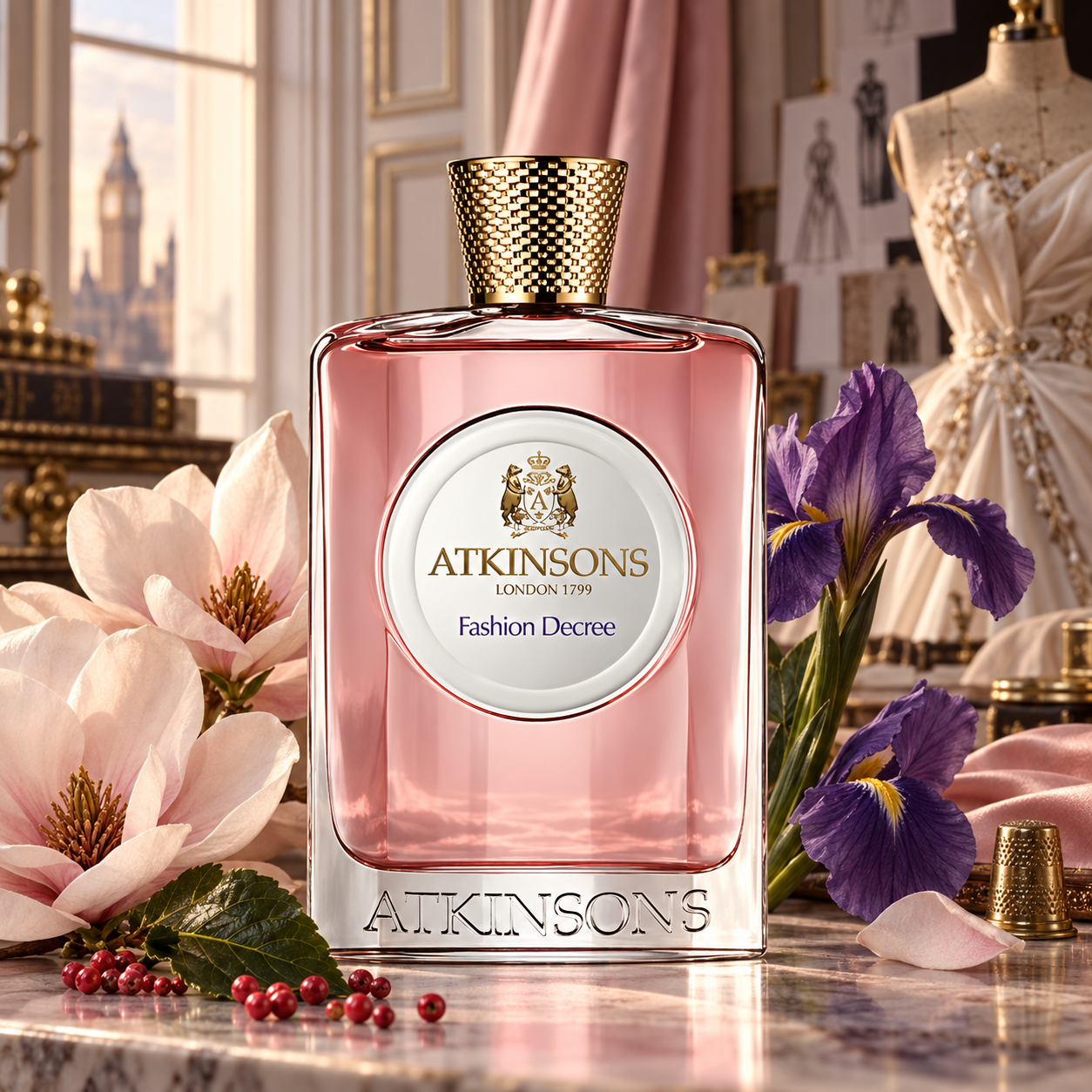 Atkinsons Fashion Decree perfume stands among magnolia blossoms, purple irises, pink peppercorns, and patchouli leaves in an elegant London couture atelier.