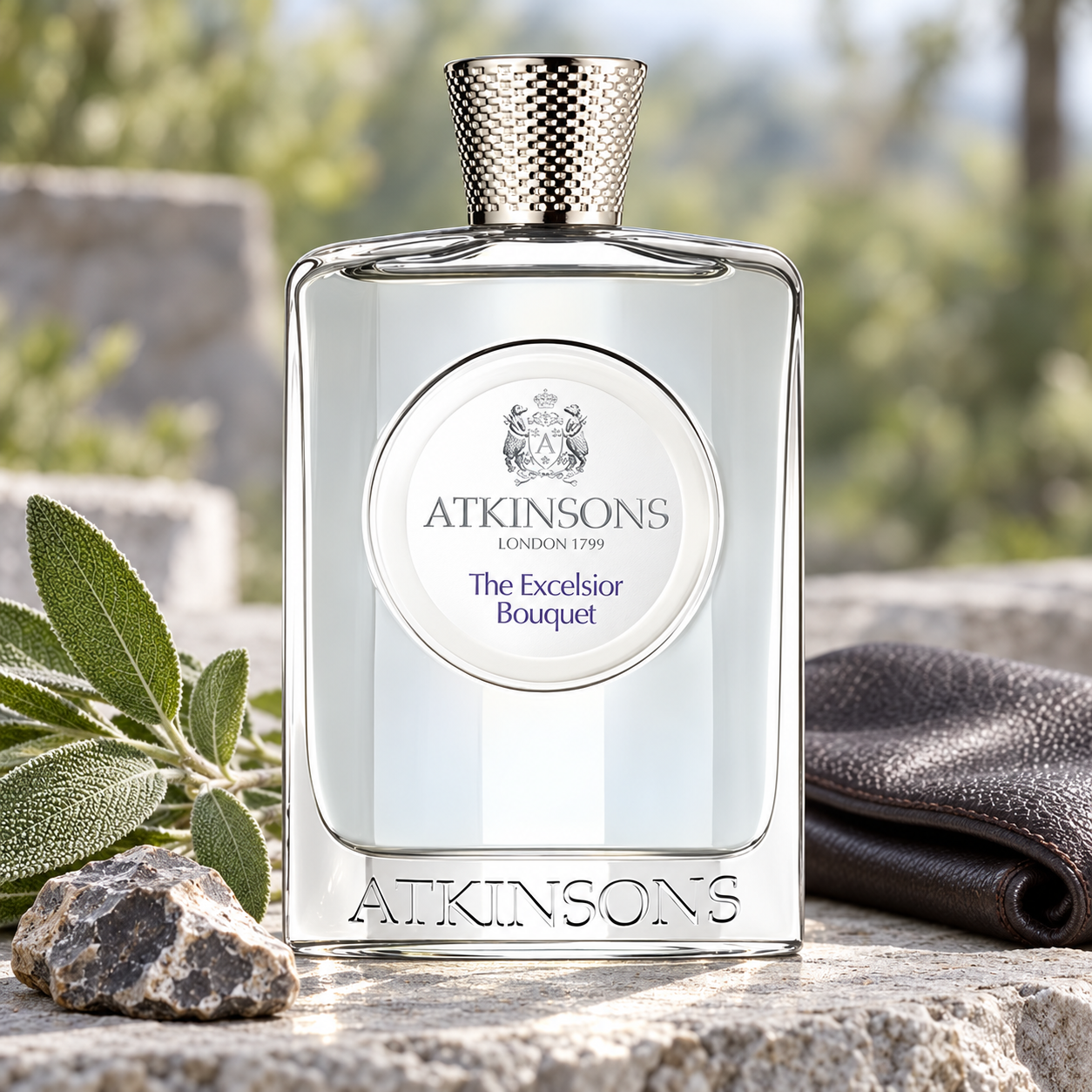 Atkinsons The Excelsior Bouquet perfume beside sage, flint and dark leather on pale stone in soft daylight.