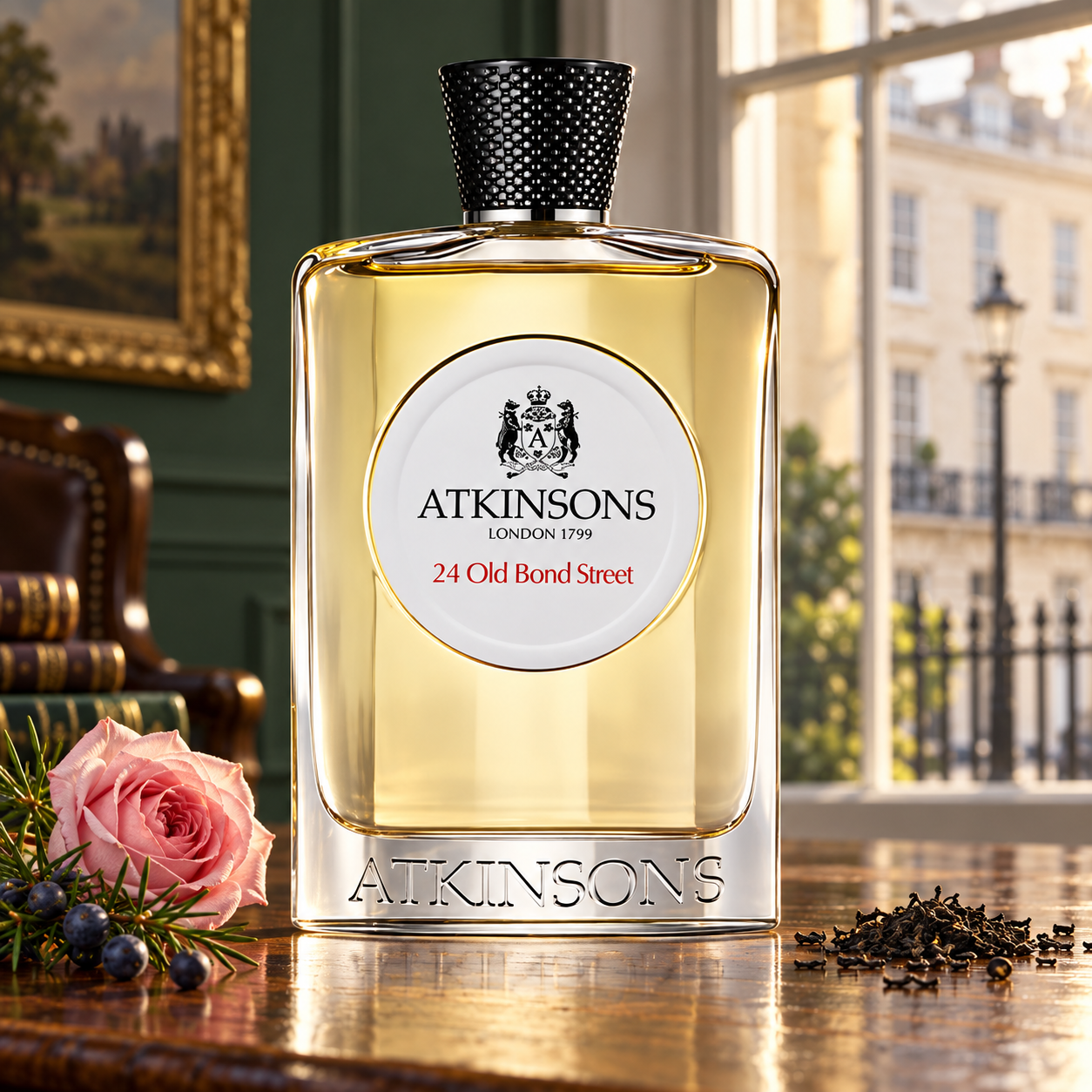 Atkinsons 24 Old Bond Street with juniper berries, a pink rose, and black tea leaves in a sunlit English drawing room.