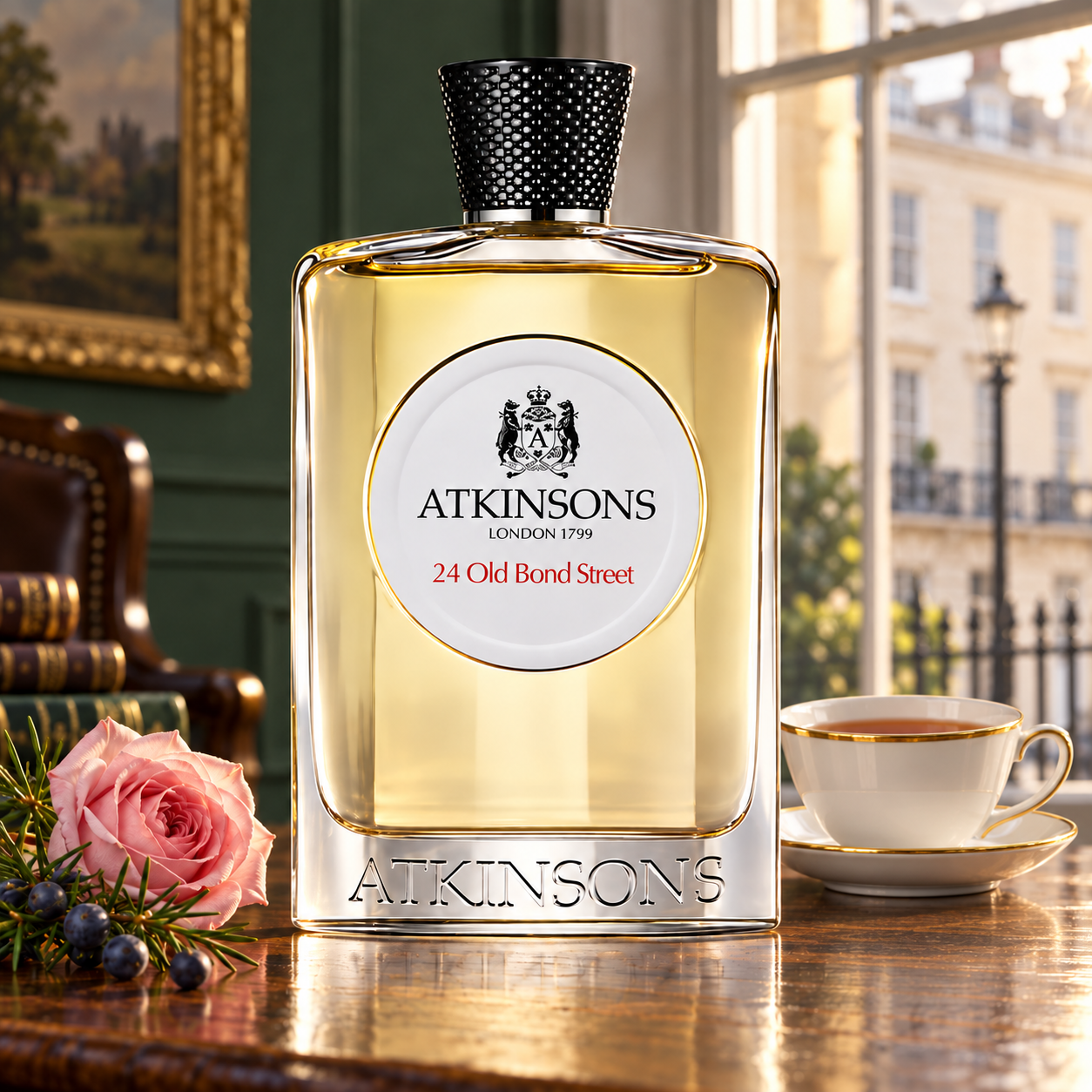 Atkinsons Amber Empire bottle beside white magnolia, a cup of Oolong tea, and myrrh resin on polished wood in warm golden light.